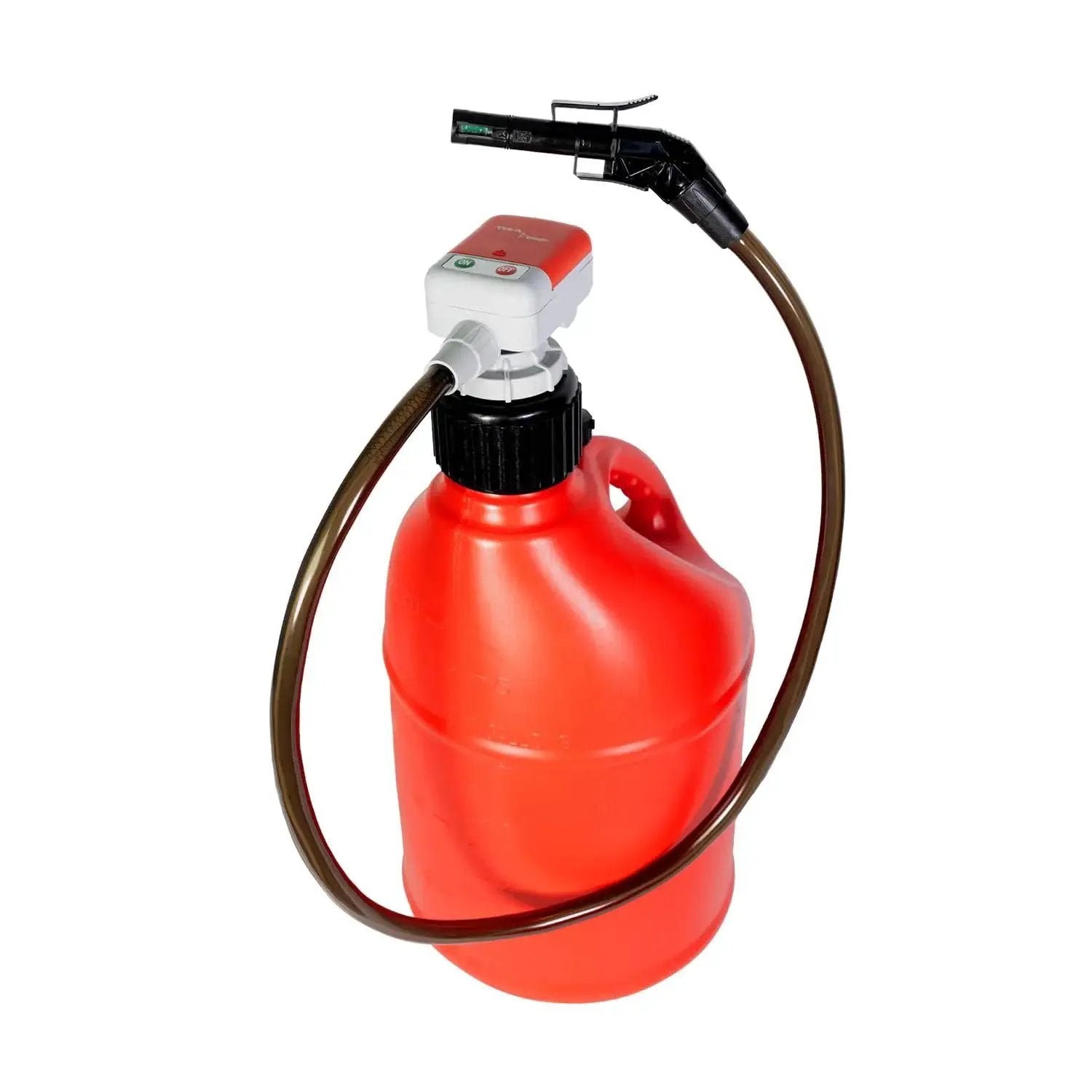 Battery Powered Fuel Transfer Pump With Overfill Protection 2.5 GPM 4.27 Ft Hose attached to red fuel container
