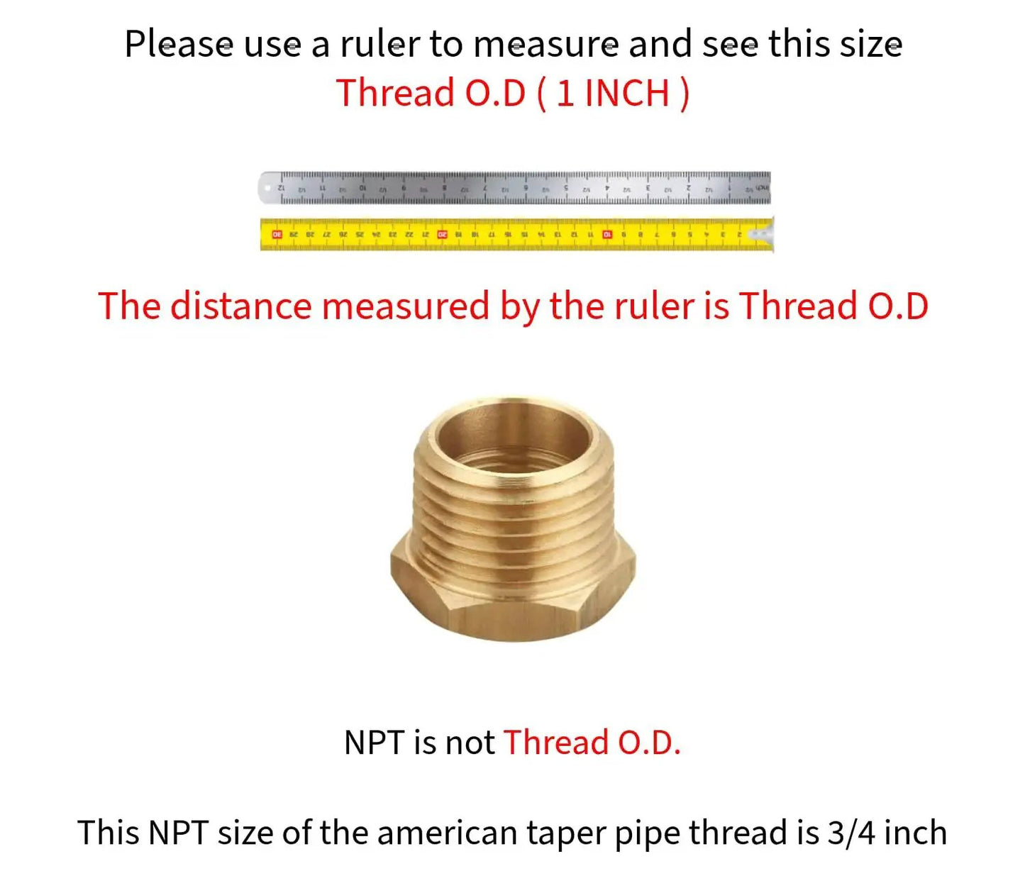 Brass NPT Male To NPT Female Reducer Hex Bushing Three Quarter Inch To One Half Inch Pipe Fittings with ruler for size reference