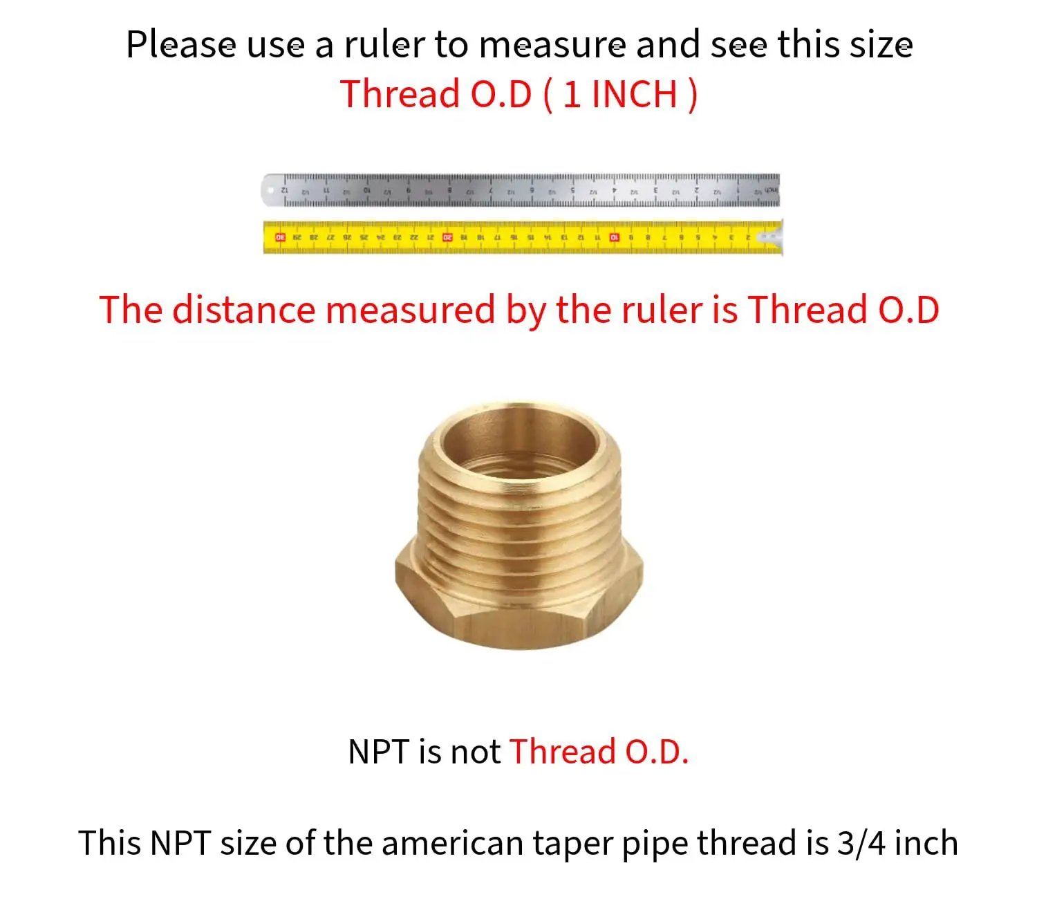 Brass NPT Male To NPT Female Reducer Hex Bushing Three Quarter Inch To One Half Inch Pipe Fittings with ruler for size reference