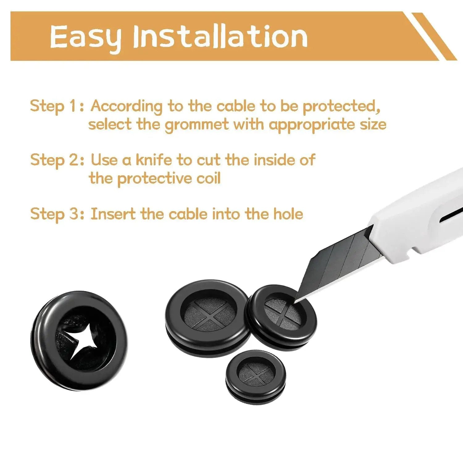 Easy installation steps with knife and rubber grommets from 44 Piece Rubber Grommet Kit For Wiring And Firewall Applications Six Sizes