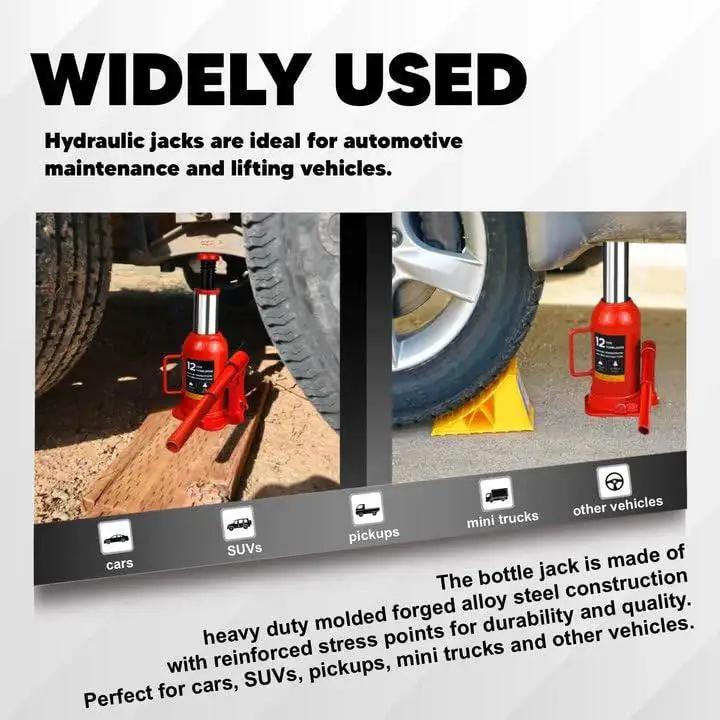 Two images of a 12 Ton Hydraulic Bottle Jack With Carrying Case lifting vehicles, showcasing durability and compact design in use.