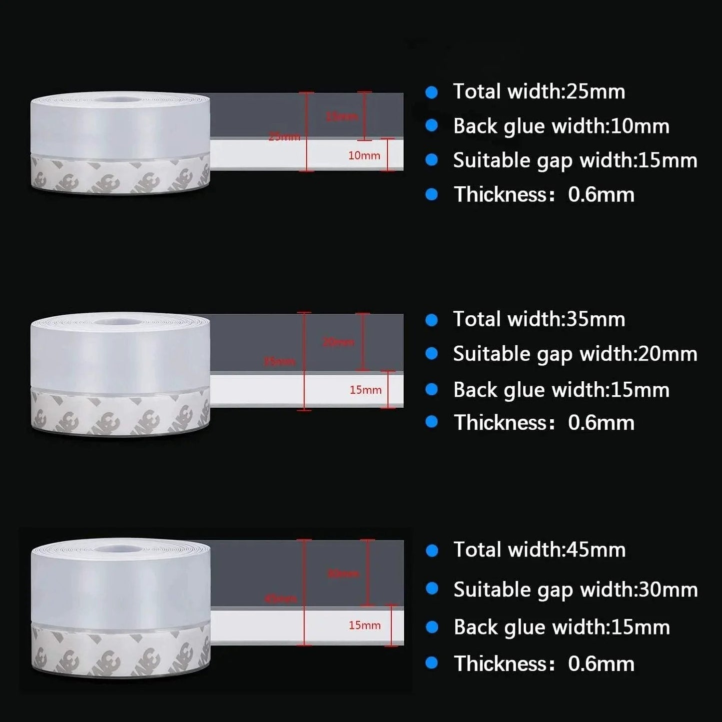 Weather Stripping Seal Tape For Doors Windows And Showers 33 Feet Self Adhering Transparent 25mm Silicone Draft Stopper Adhesive Strip For Home Energy Savings And Easy DIY Install By TAROSE showing width options and measurements