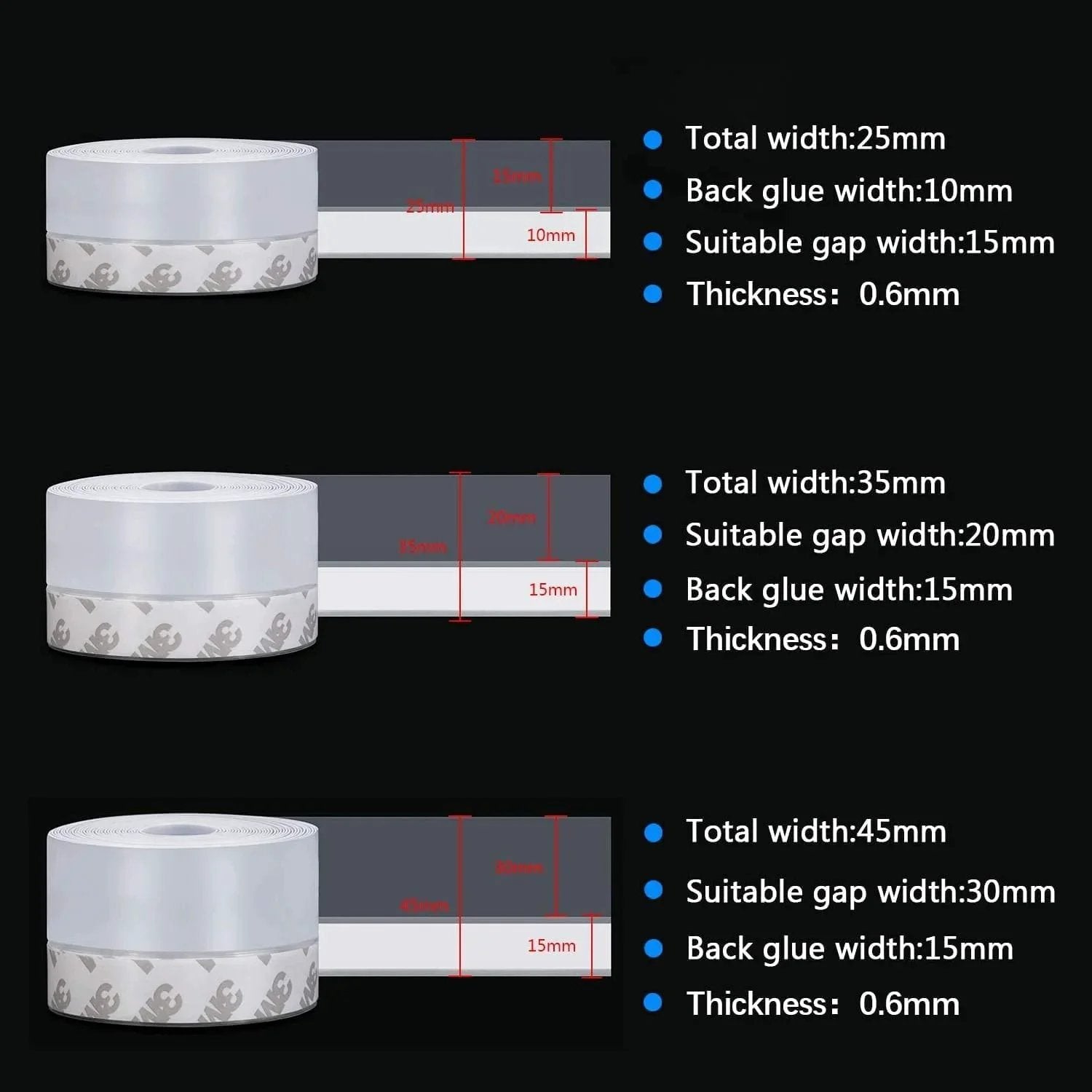 Weather Stripping Seal Tape For Doors Windows And Showers 33 Feet Self Adhering Transparent 25mm Silicone Draft Stopper Adhesive Strip For Home Energy Savings And Easy DIY Install By TAROSE showing width options and measurements