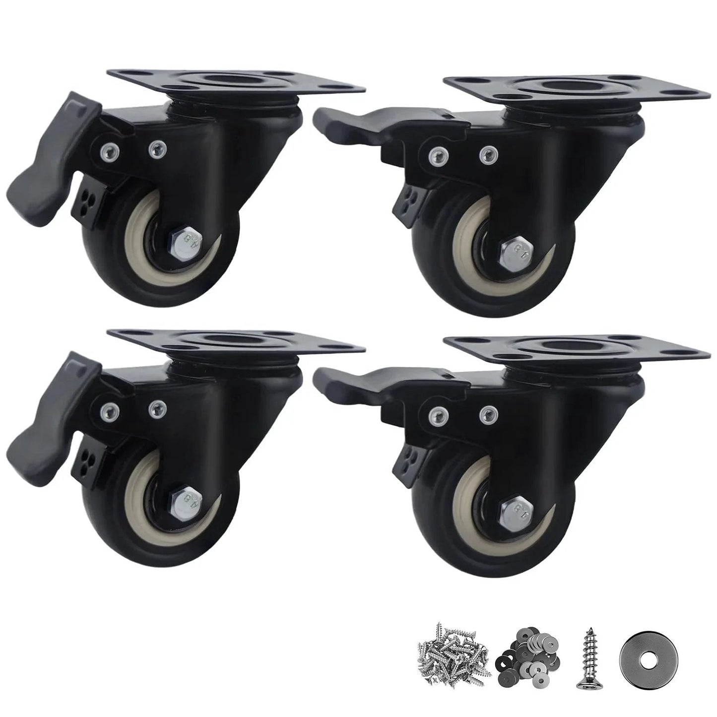 2 Inch Wheel Casters Set Of 4 Heavy Duty Locking Polyurethane Wheels With Brakes No Noise 360 Degree Swivel For Furniture And Workbenches