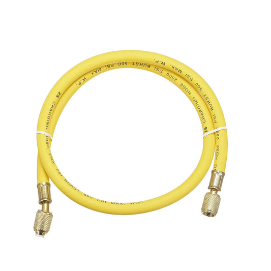 Refrigerant Charging Hose For Home DIY AC And Refrigeration Maintenance One Quarter SAE Flare Thread 0.9m Length 500 PSI Working Pressure Compatible With R22 R12 R134a Yellow Flexible Rubber Hose With Iron Copper Plated Connectors