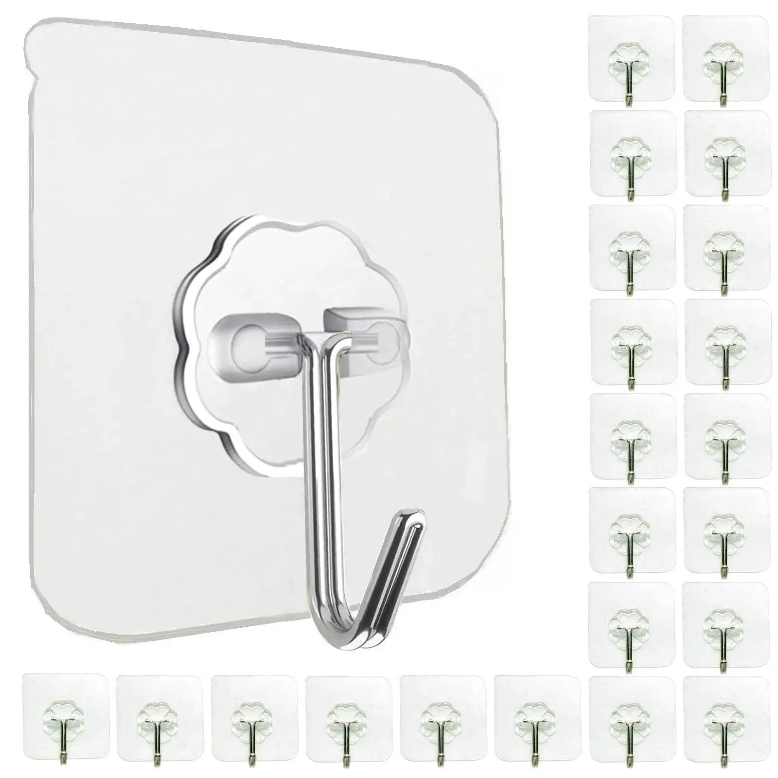 Heavy Duty Self Adhesive Hooks 33Lb Max Transparent Waterproof Wall Hooks for keys, bathroom, shower, outdoor use, 24-pack