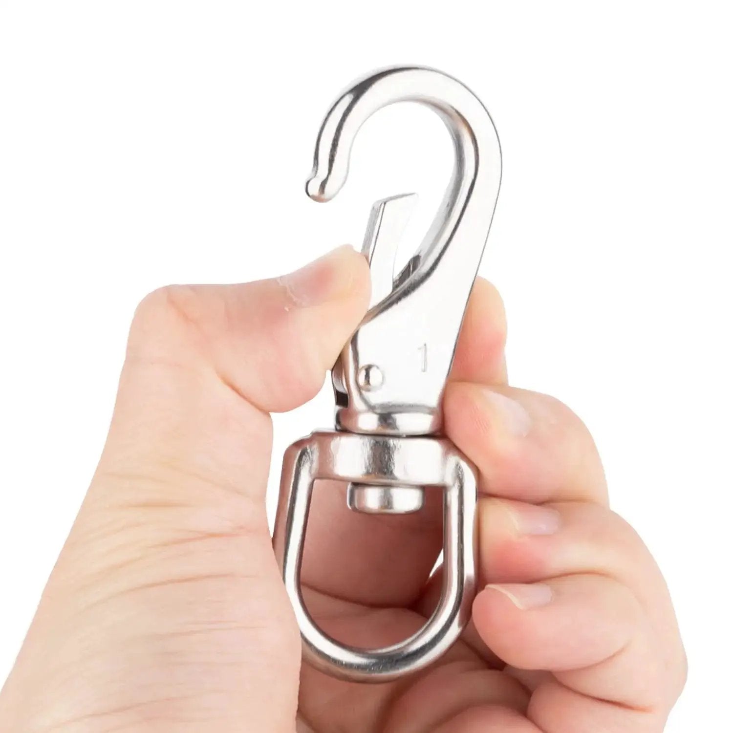 Person holding a Stainless Steel Swivel Eye Snap Hook Three Quarter Inch Heavy Duty Pack Of 4 showing side view