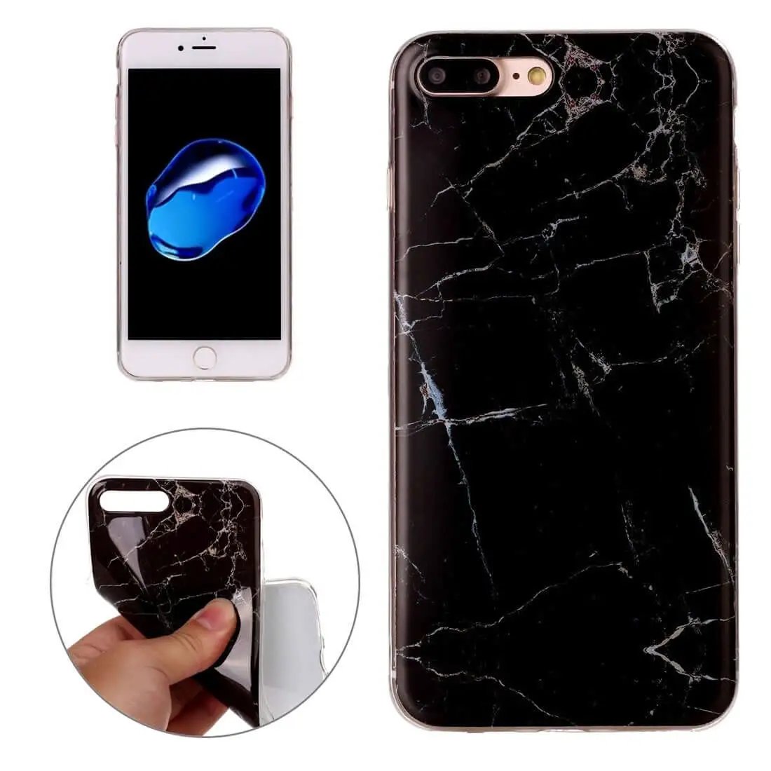 iPhone with black marble case and close-up showing phone fitting inside the case.