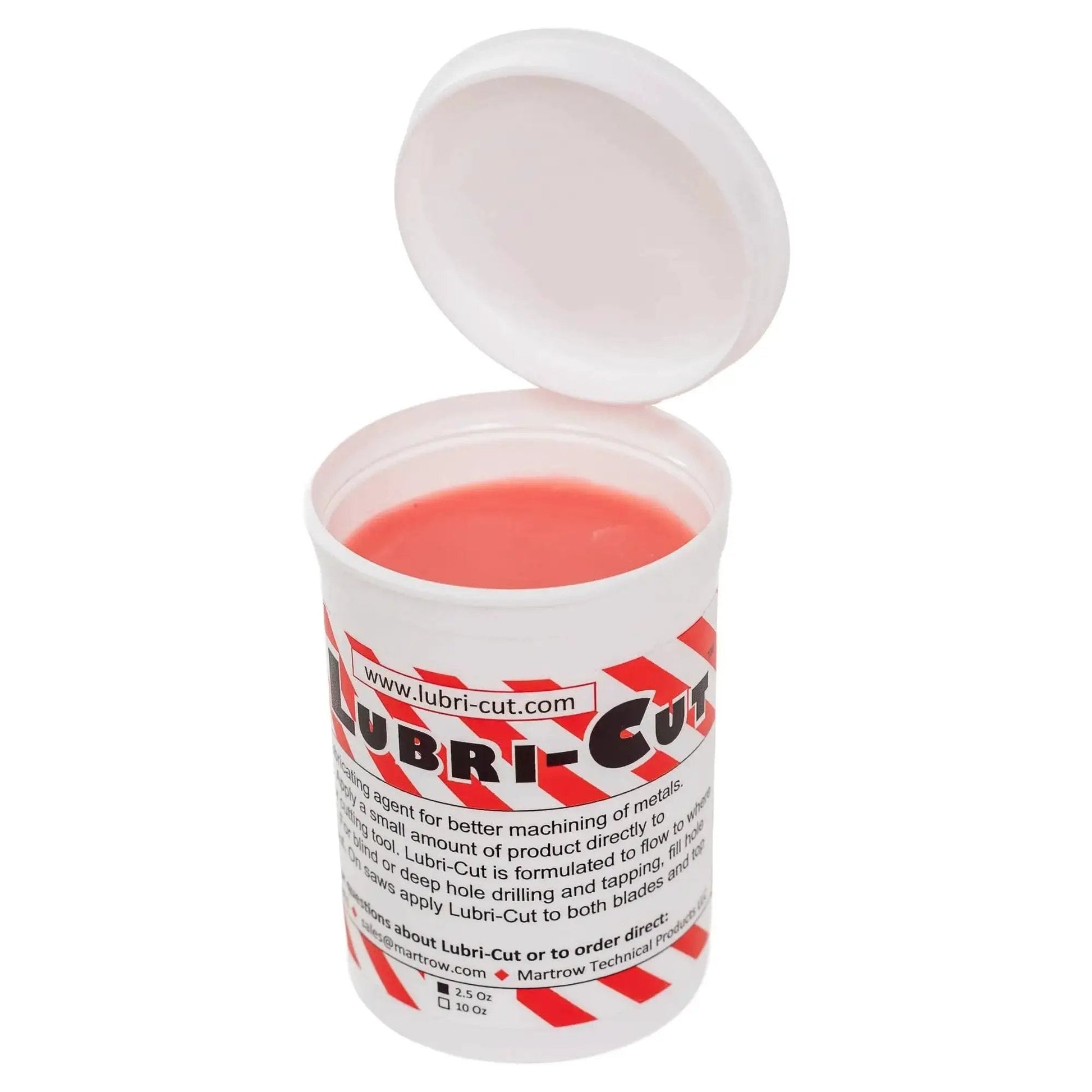Open container of Lubri-Cut, showing beeswax based cutting paste for metal drilling and tapping, 2.5 oz tube, made in USA.