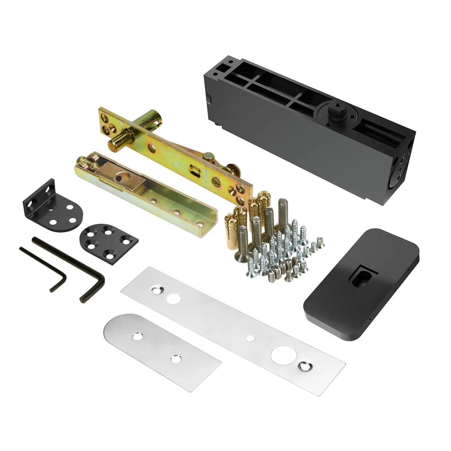 Self Closing Concealed Door Pivot Hinges Heavy Duty Spring Hydraulic 360 Degree Rotation Stainless Steel Invisible Hidden Door Hinge System For Wooden Secret Doors Adjustable Speed Supports Up To 220 Lbs, showing parts and assembly hardware.