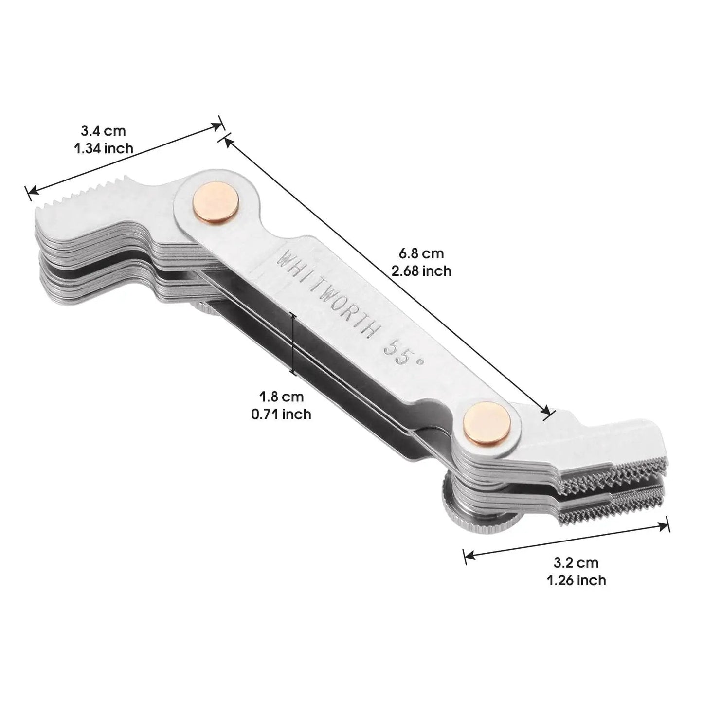 All In One 3 In 1 Thread Gauge Pro For Metric 60 Degree Whitworth 55 Degree And SAE 60 Degree Threads In Stainless Steel With Locking Mechanism.