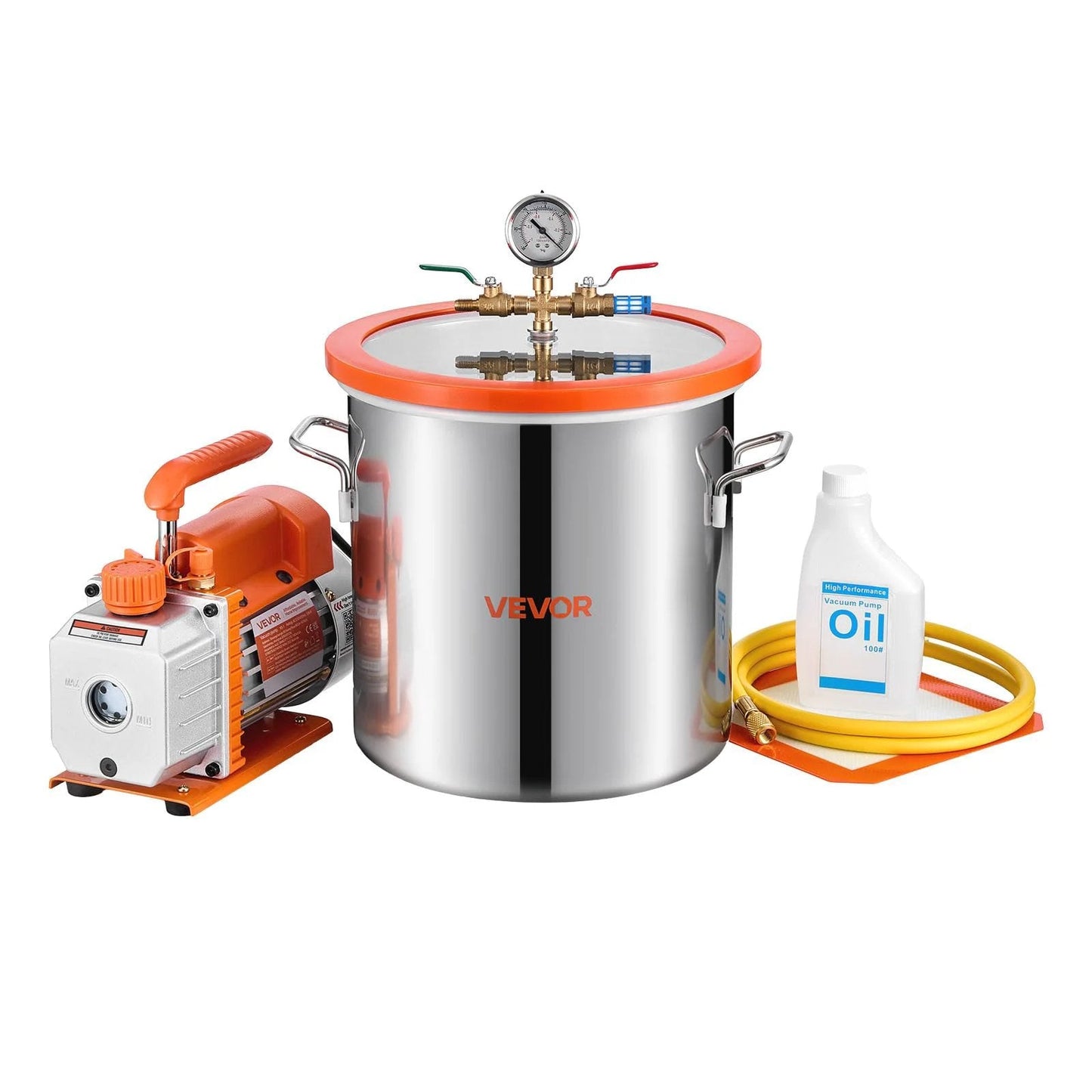 3 Gallon Vacuum Chamber With 3.5 CFM Single Stage Pump Kit Heavy Duty Stainless Steel Degassing Chamber With Tempered Glass Lid 5 Foot Hose For Resin Casting Wood Stabilizing Silicone Degassing