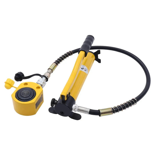 20 Ton Manual Hydraulic Jack Low Profile With Multi Section Lift For Cars, side view with pump and hose attachment.