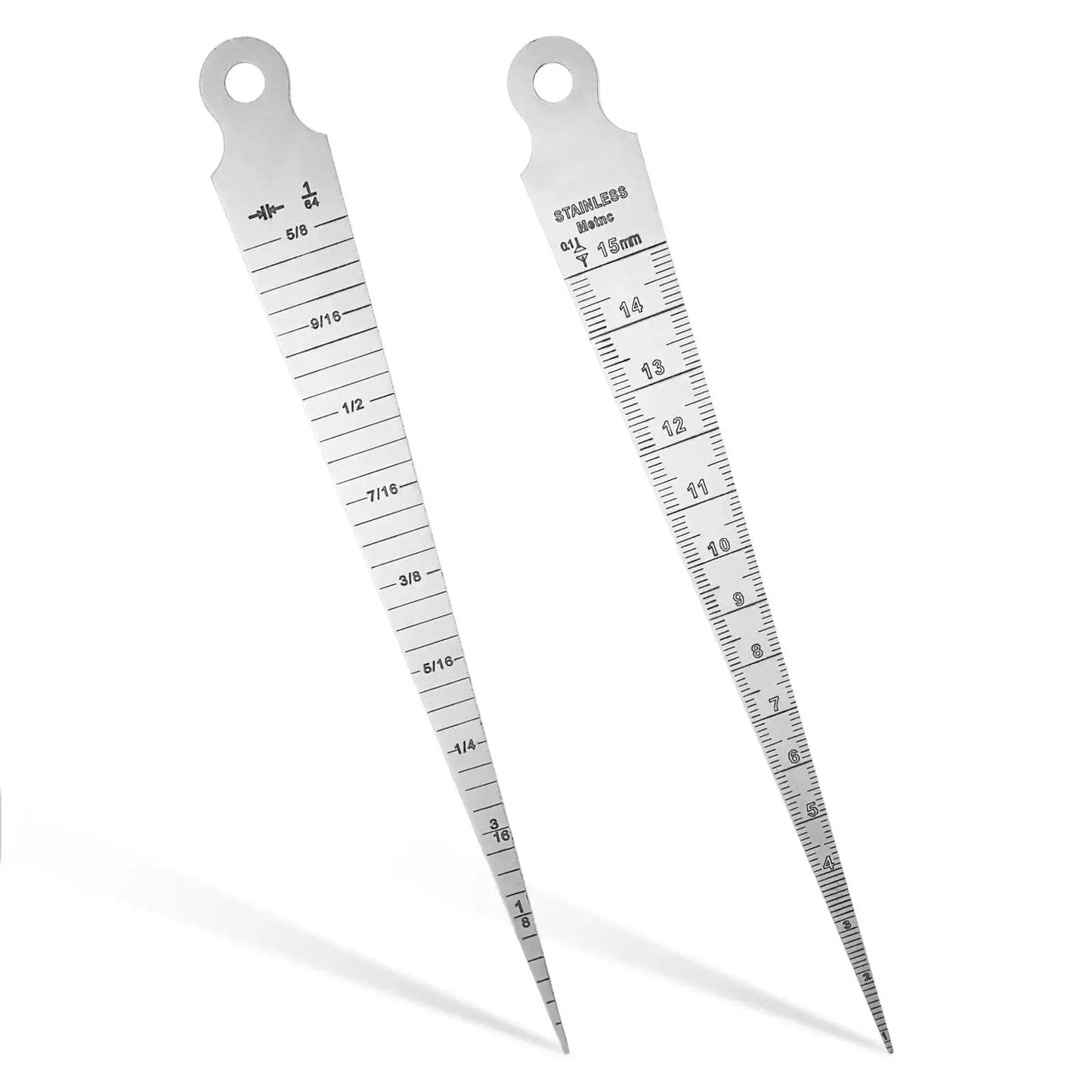 Stainless Steel Taper Gauge 1 To 15mm Dual Scale For Welding Inch And Metric Laser Etched Readings Double Sided Tool Max Range Five Eighth Inch And Fifteen Millimeter Min Range One Thirty Second Inch And One Point Zero Millimeter Feeler Depth Ruler