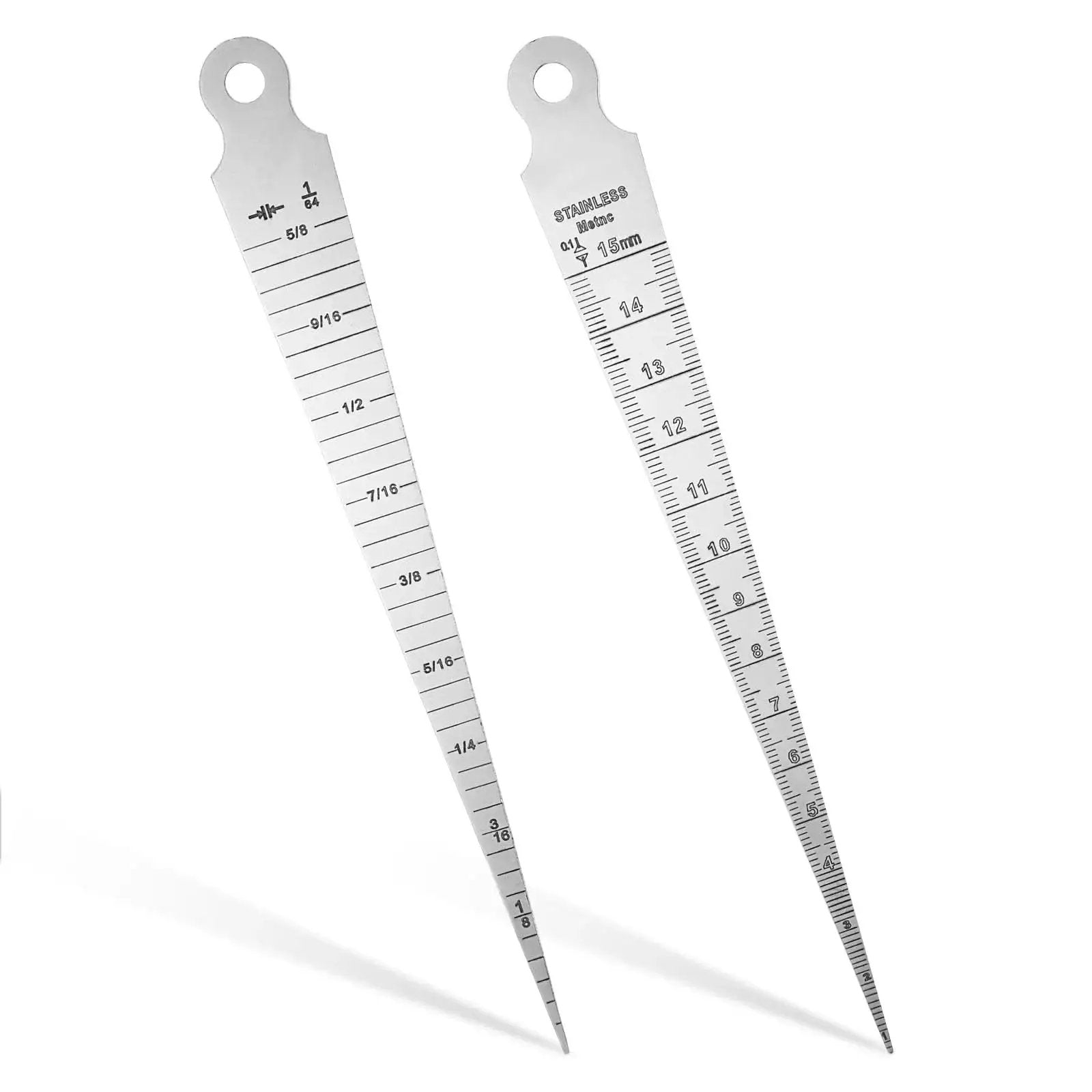 Stainless Steel Taper Gauge 1 To 15mm Dual Scale For Welding Inch And Metric Laser Etched Readings Double Sided Tool Max Range Five Eighth Inch And Fifteen Millimeter Min Range One Thirty Second Inch And One Point Zero Millimeter Feeler Depth Ruler