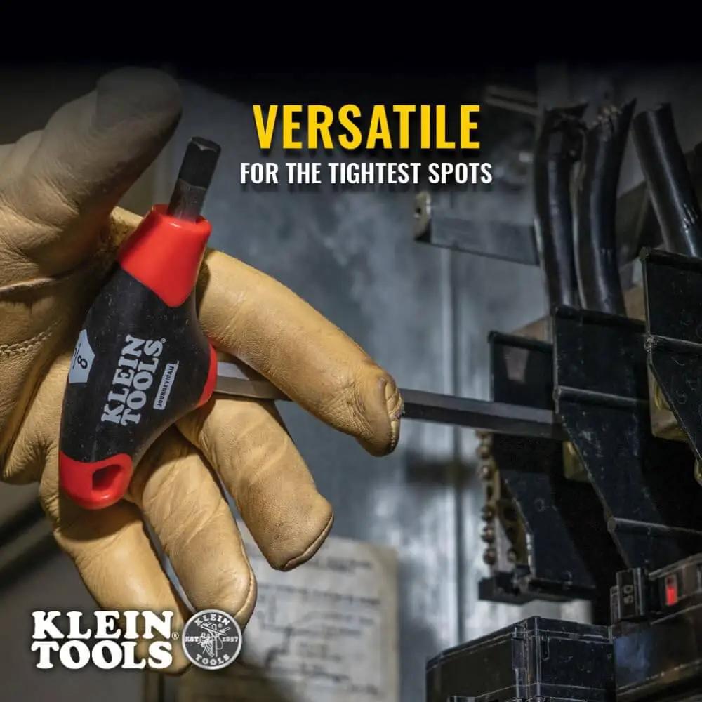 Gloved hand using Ball End Hex Key Set With 6 Inch Blades For Angled Access And Tight Spots 10 Piece SAE Inch Wrench Kit With Stand Pro Grade Journeyman Dual Material Handles Rust Resistant Treated Steel Double Ended Keys Klein Tools on cables