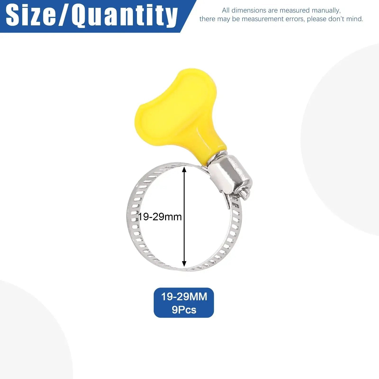 Close-up of Adjustable 19-29mm Hose Clamps Set with Key Type Worm Gear, stainless steel clamp with yellow plastic handle, 9pcs shown.