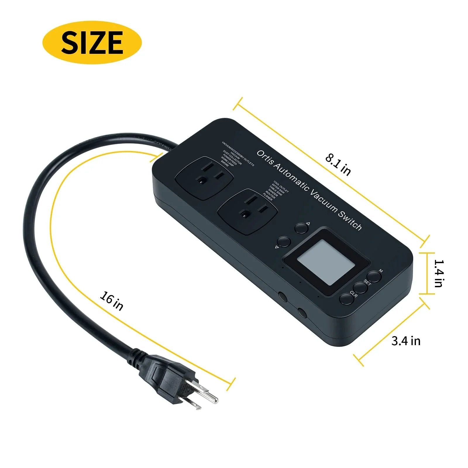 Automatic Vacuum Switch for Power Tools with Auto On Off Function, Ortis Dust Control Autoswitch, size dimensions labeled