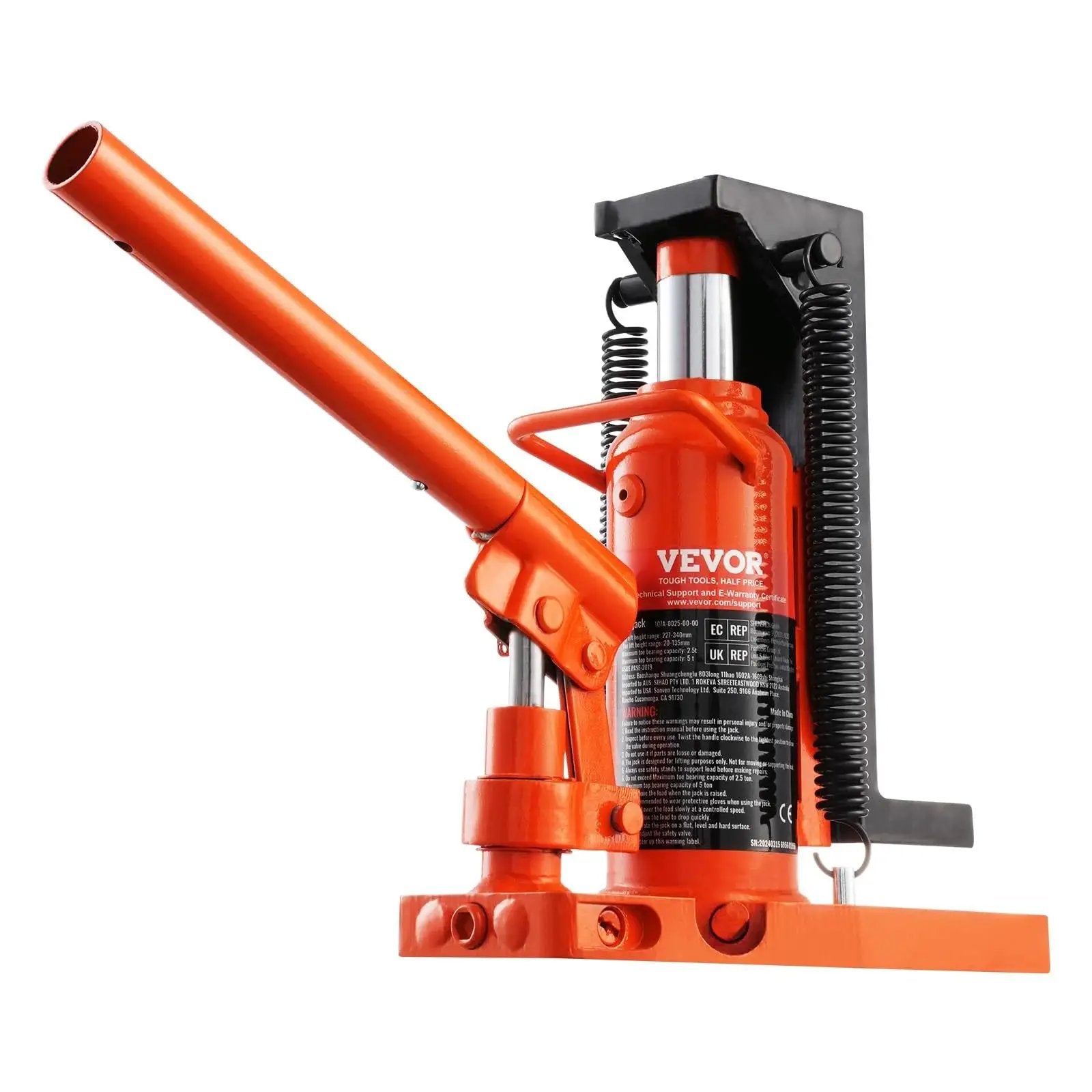 Air Hydraulic Claw Jack For Machinery 5 Ton Top Lift 2.5 Ton Toe Lift, orange with handle, side view.