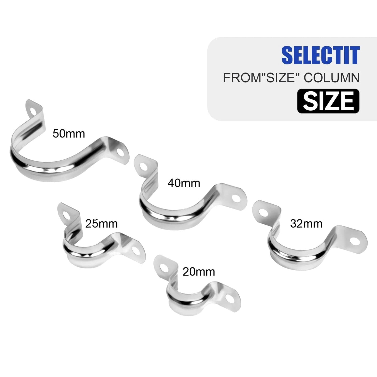30Pcs 1 Inch Stainless Steel Conduit Clamps With 2 Hole U Bracket Straps Tension Clips For Pipe And Cable Fixing demonstration of sizes.