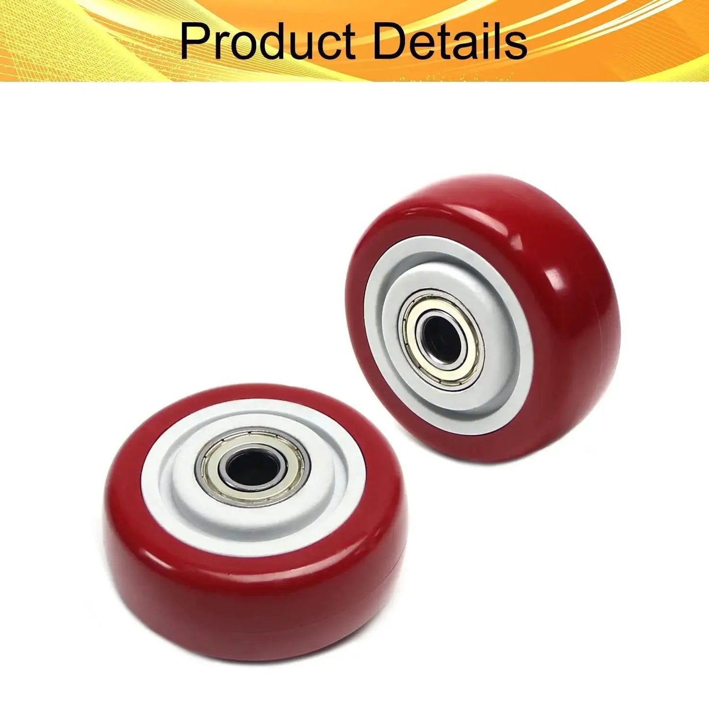 4 Pack 3 Inch PU Caster Wheels With 3 By 8 Bore Heavy Duty Plate Casters For Platform Trucks And Trolleys, 75mm Diameter And 1.25 Inch Width, Smooth Rolling Cart Wheels Replacement. Close-up of two red wheels with bearings.