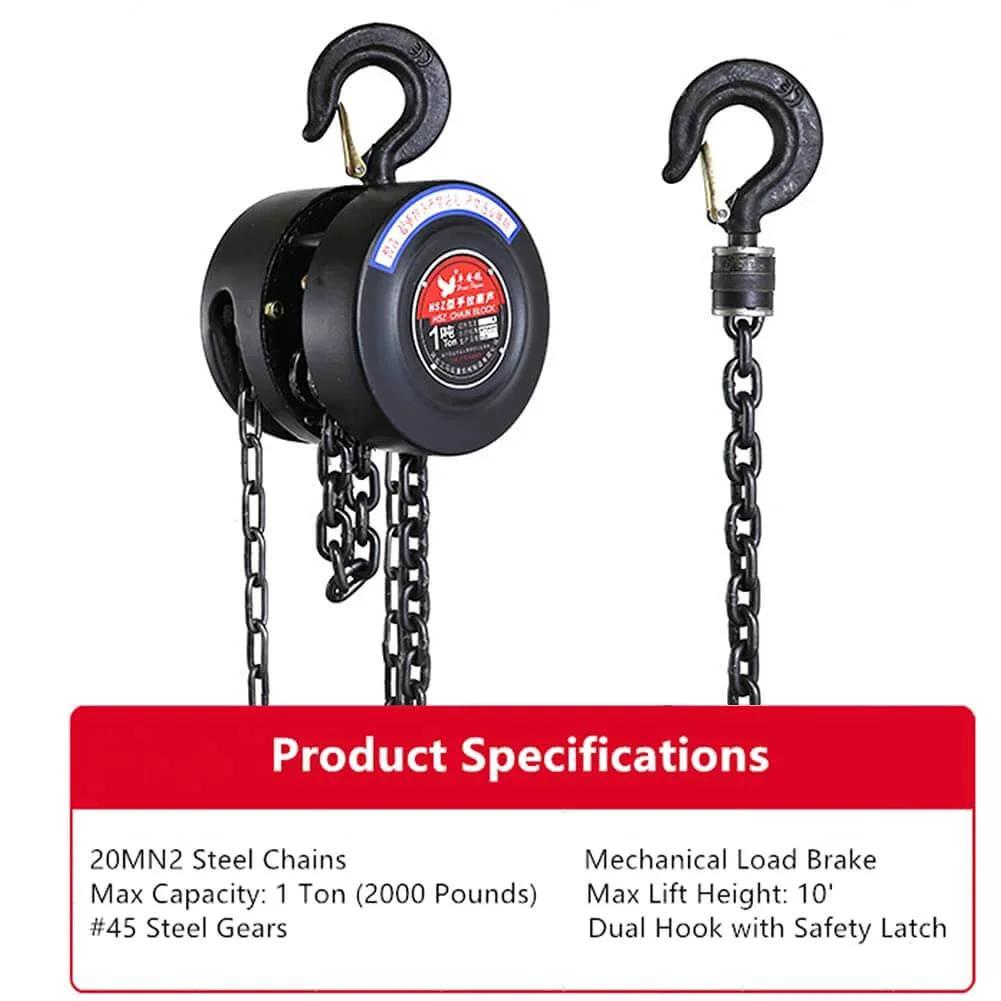 Manual Chain Hoist 1 Ton Capacity With 10 Ft Lift And 2 Hooks, Hand Pull Steel Chain Block Hoist showing hooks and chain details