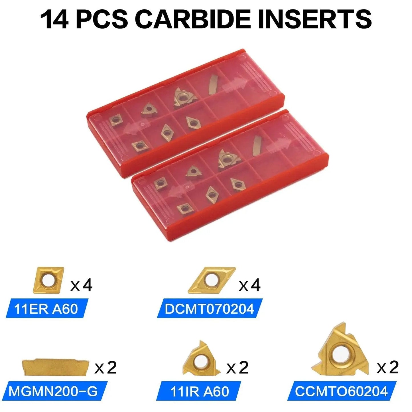 21 Piece Lathe Tool Kit With Indexable Carbide Turning Tools For Turning Grooving Threading And Boring Half Inch And Twelve Millimeter Shank Includes Seven Tool Holders And Fourteen Carbide Inserts, showing labeled carbide inserts in red packaging.