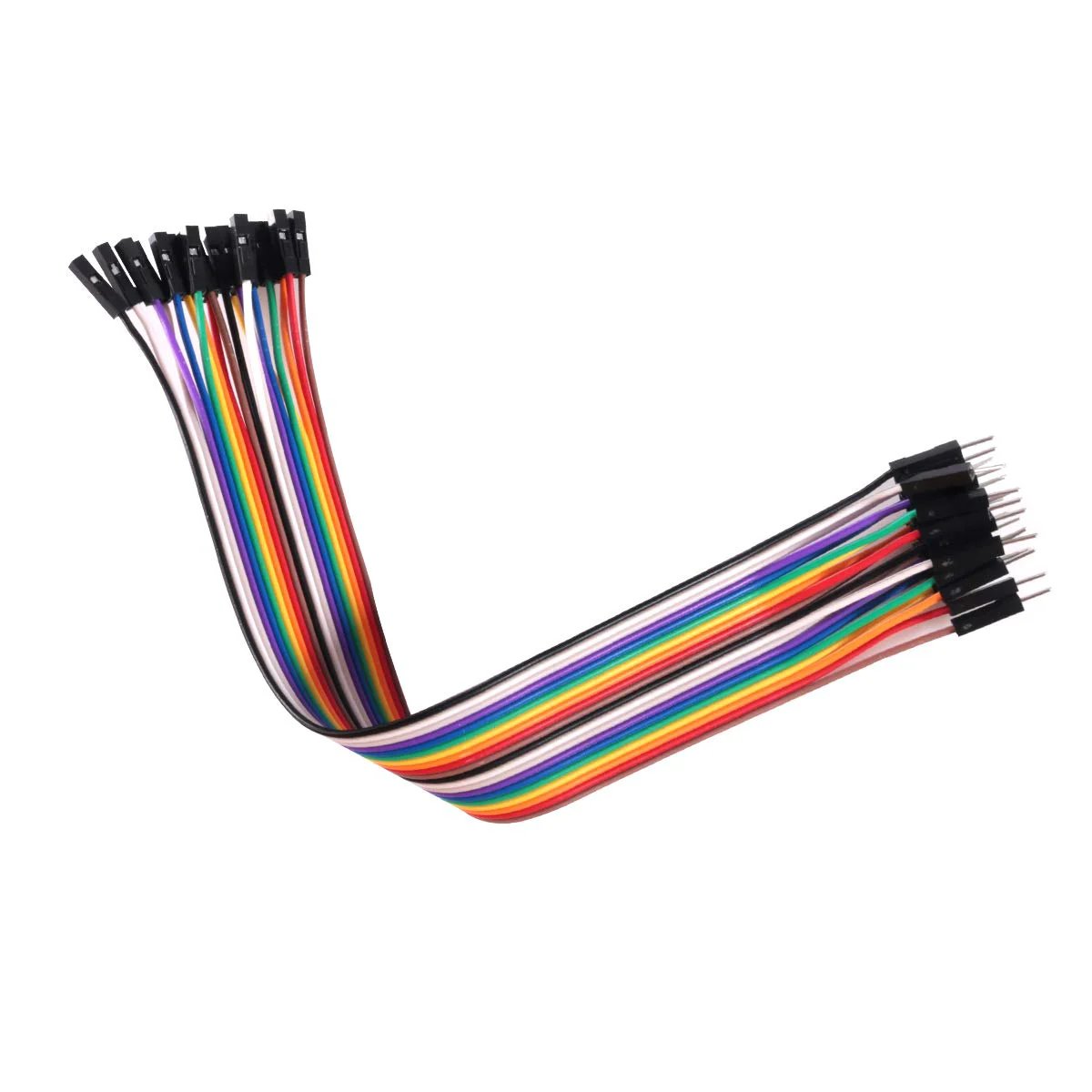 Multi-colored jumper wires for electronics projects, featuring male and female connectors, ideal for Arduino and Raspberry Pi.