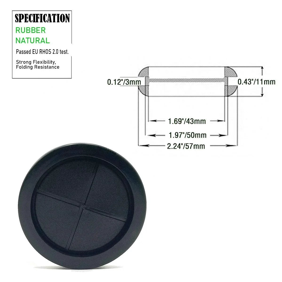 Diagram and close-up of 2 Inch Rubber Grommets For Wiring, 42 Mm Inside Diameter Double Sided Round Cable Hole Plugs, Firewall Grommet