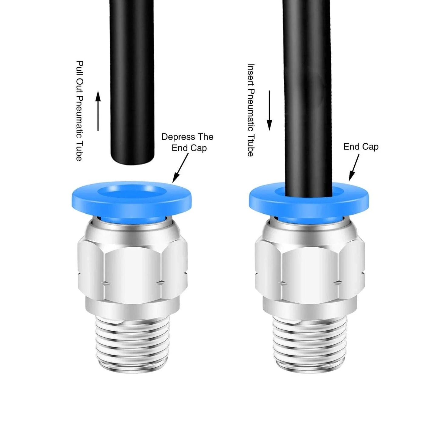Six Millimeter To One Eighth Inch NPT Push To Connect Air Fittings Male Straight Quick Connect Pneumatic Fittings close-up with tube