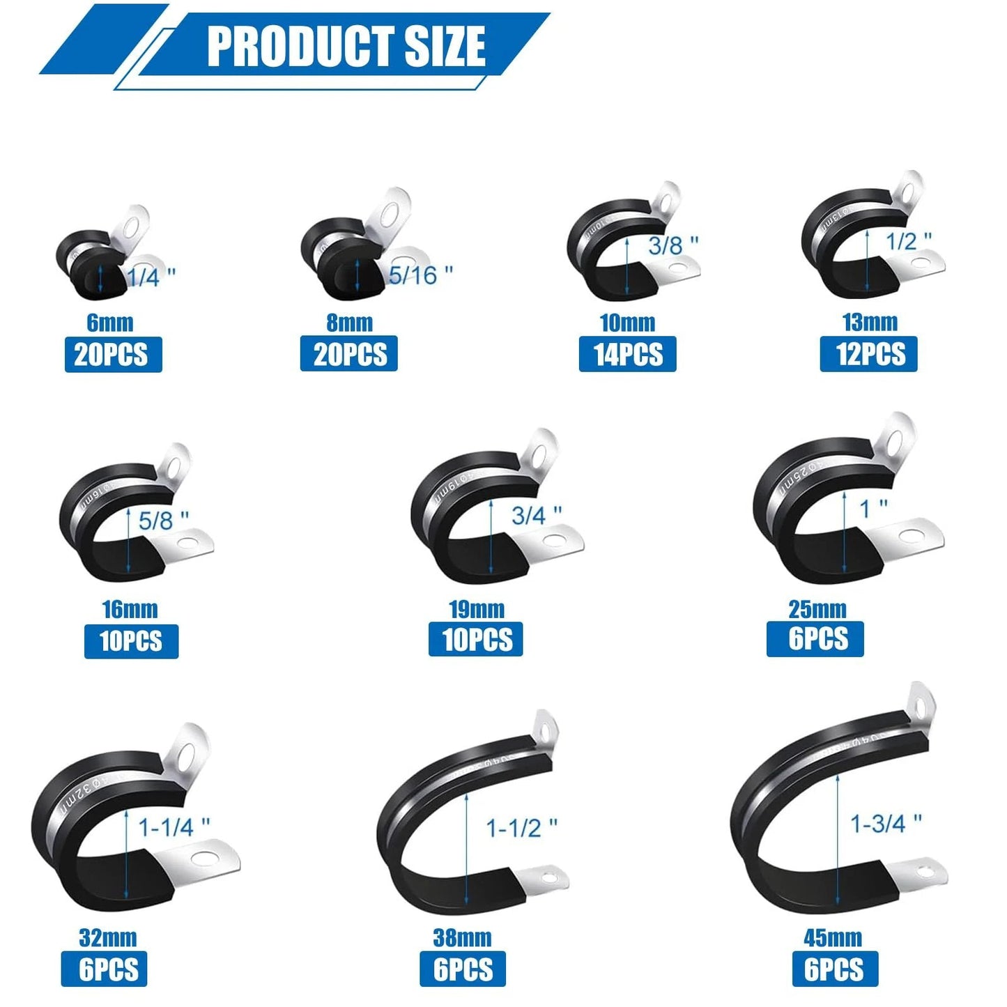 Premium 110 Piece Cable Clamps Assortment Kit With 304 Stainless Steel Rubber Cushioned Clamps In A Handy Handheld Box, Ten Sizes From Quarter Inch To One And Three Quarter Inch, Built For Automotive Wiring And Pipe Clamps Great For Auto And Shop Use.