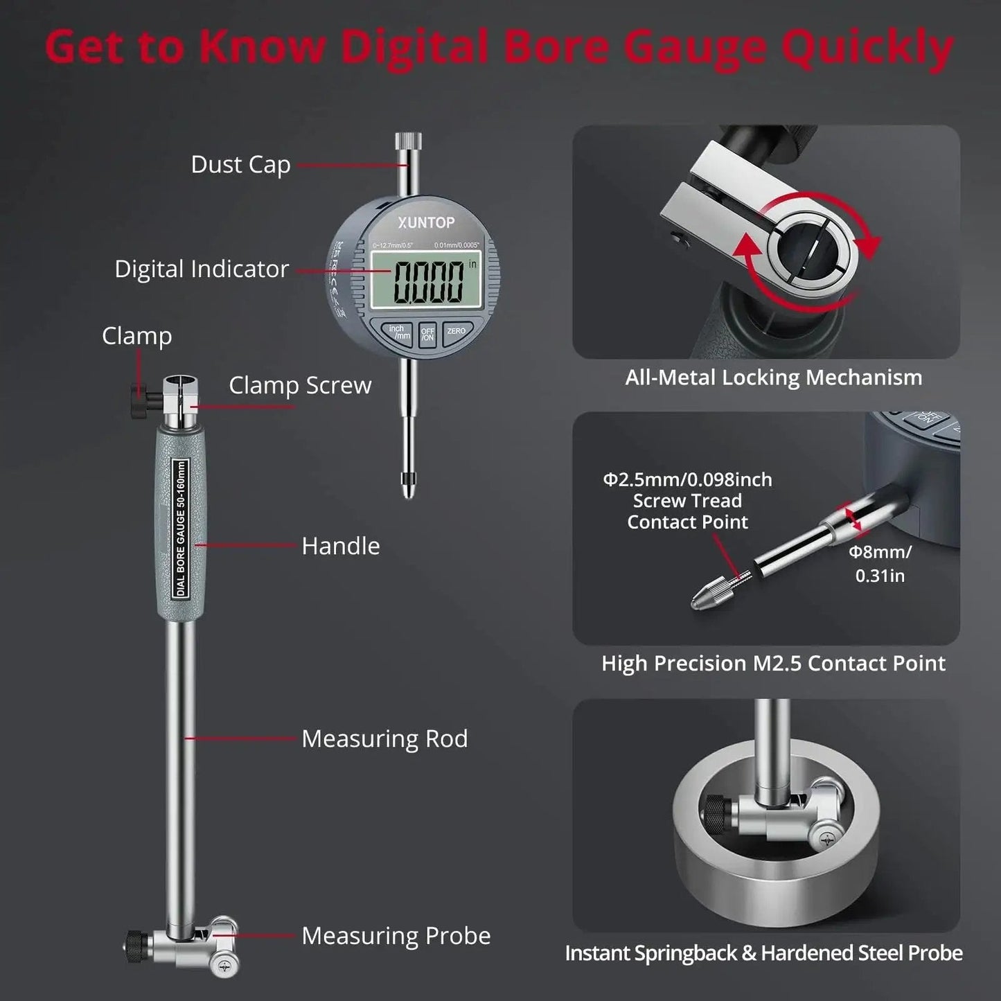 Digital Bore Gauge Set 2-6 Inch Range 50-160mm With LCD Display, showing parts like handle, measuring rod, and clamp screw.