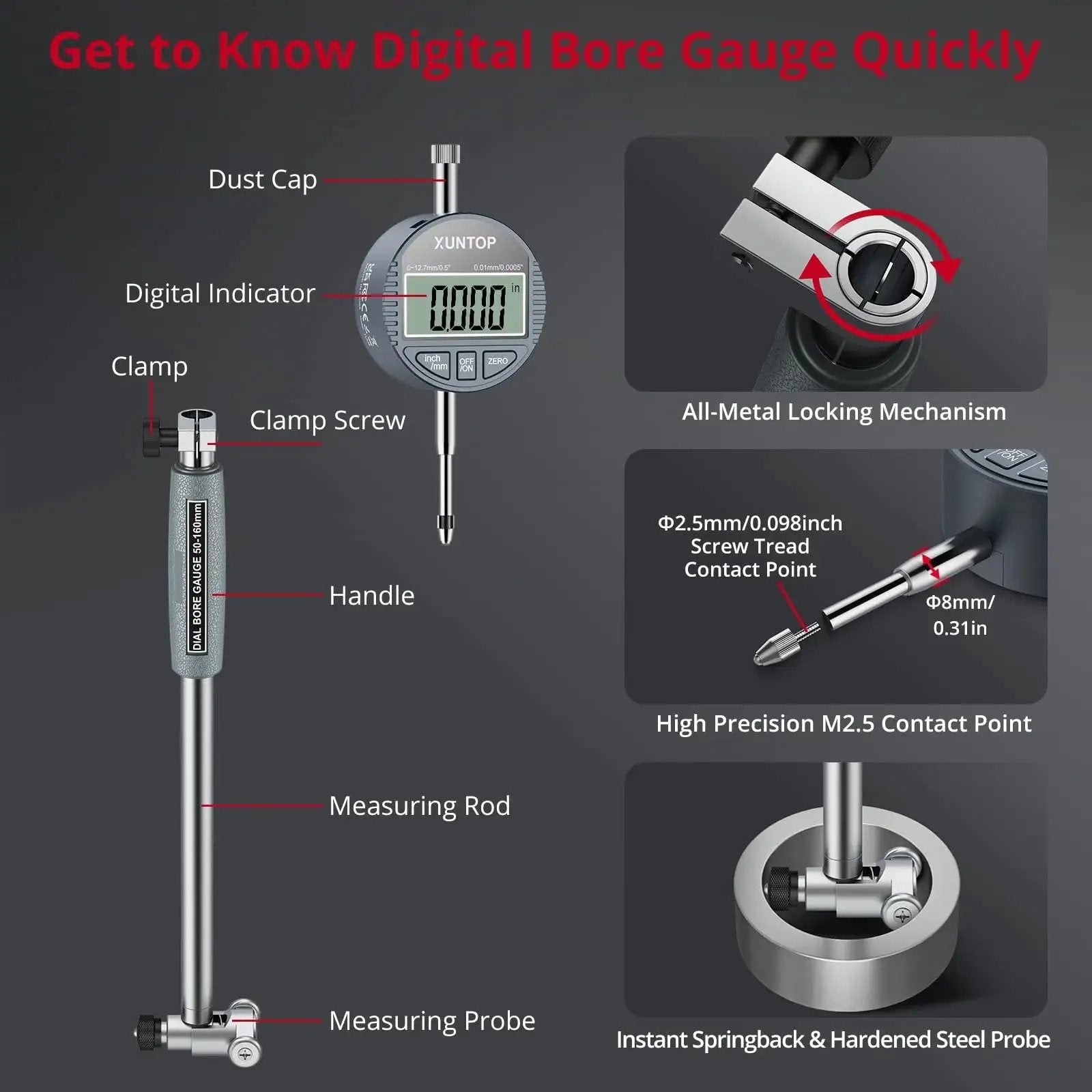 Ultra Precision Digital Bore Gauge Set With 0.0005 Inch Resolution for 0.7 to 6 Inch Bore showing parts and features with measuring probe.