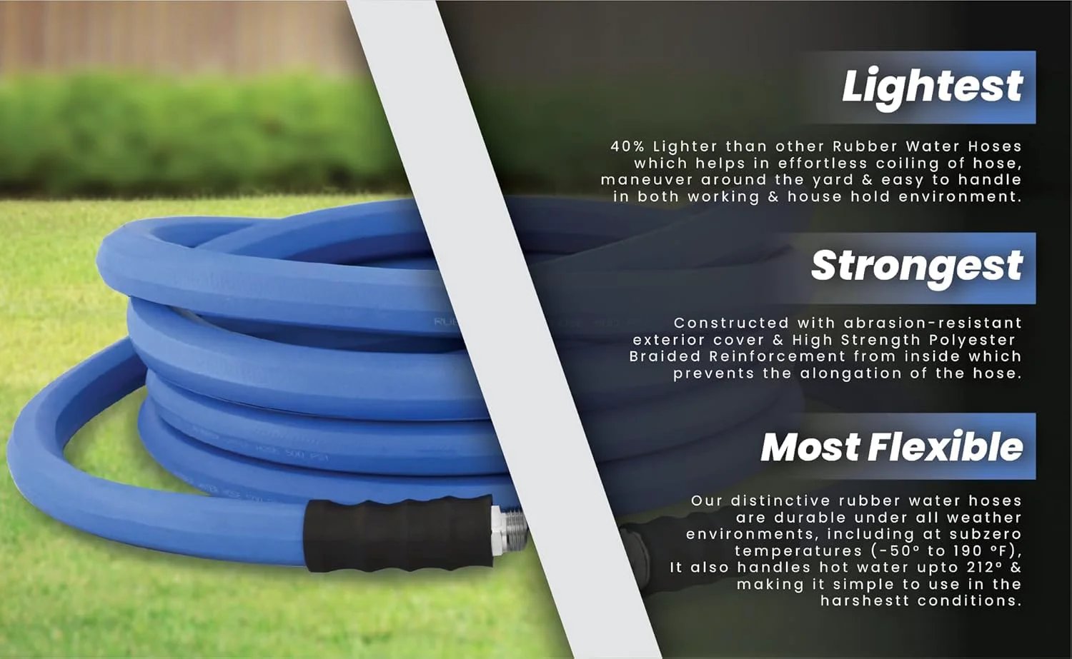 Ultra Light Rubber Garden Hose For Hot And Cold Water, Five-Eighth Inch By Twenty-Five Feet, Five Hundred PSI, coiled on lawn