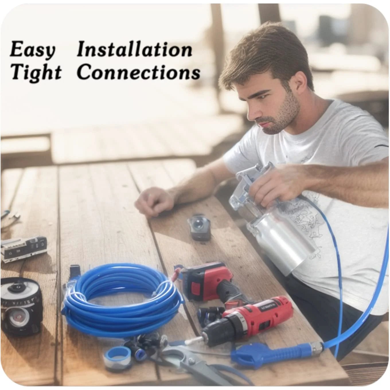 Blue Polyurethane Pneumatic Tubing For Air Tools And Fluid Transfer, 8mm Outer Diameter By 5mm Inner, 10 Meter Length, setup on table