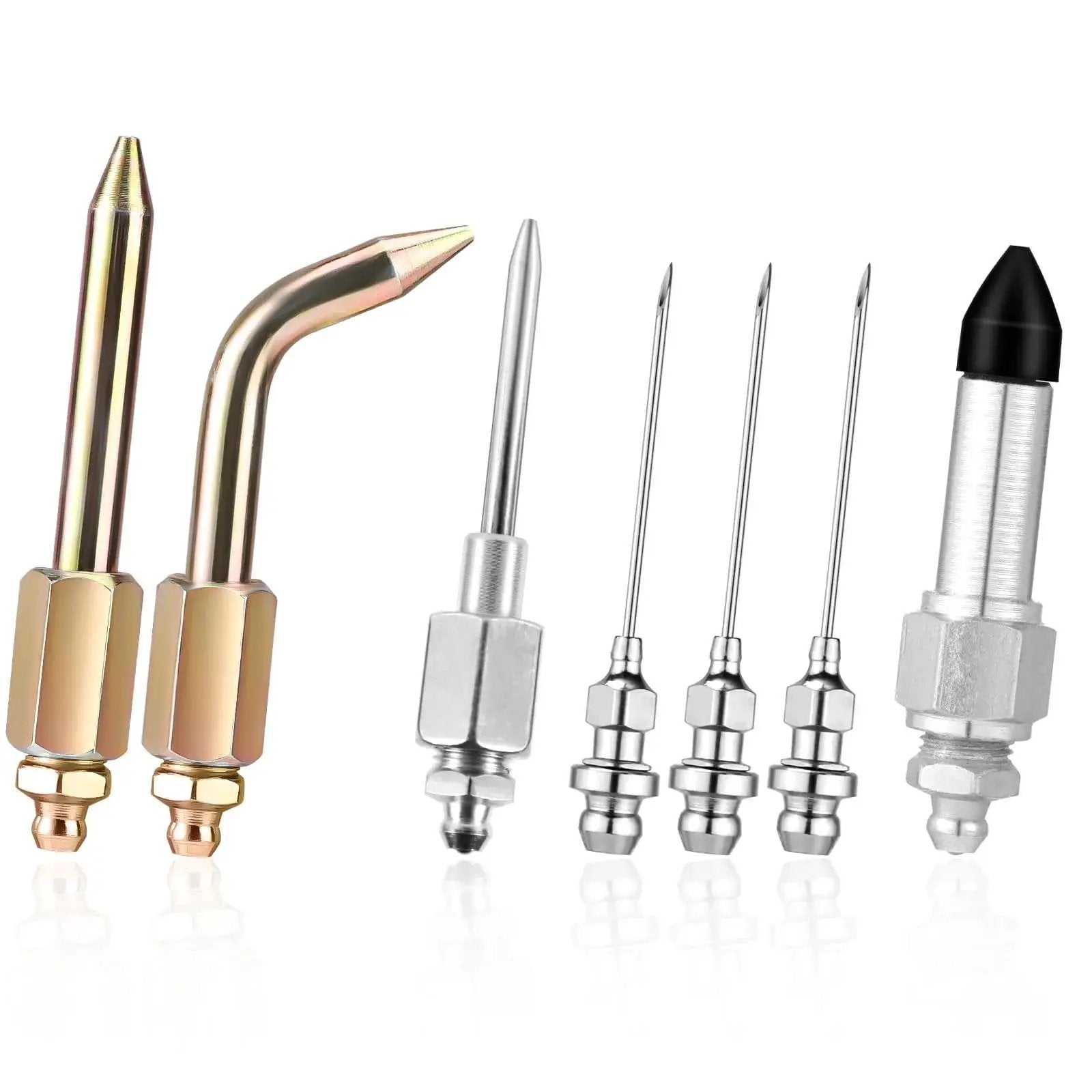 Must Have Versatile Seven Piece Grease Gun Accessory Kit With Three Nozzles One Needle Dispenser One Rubber Joint Tip One Straight Nozzle And One Bent Nozzle For Small And Confined Spaces Lyreh