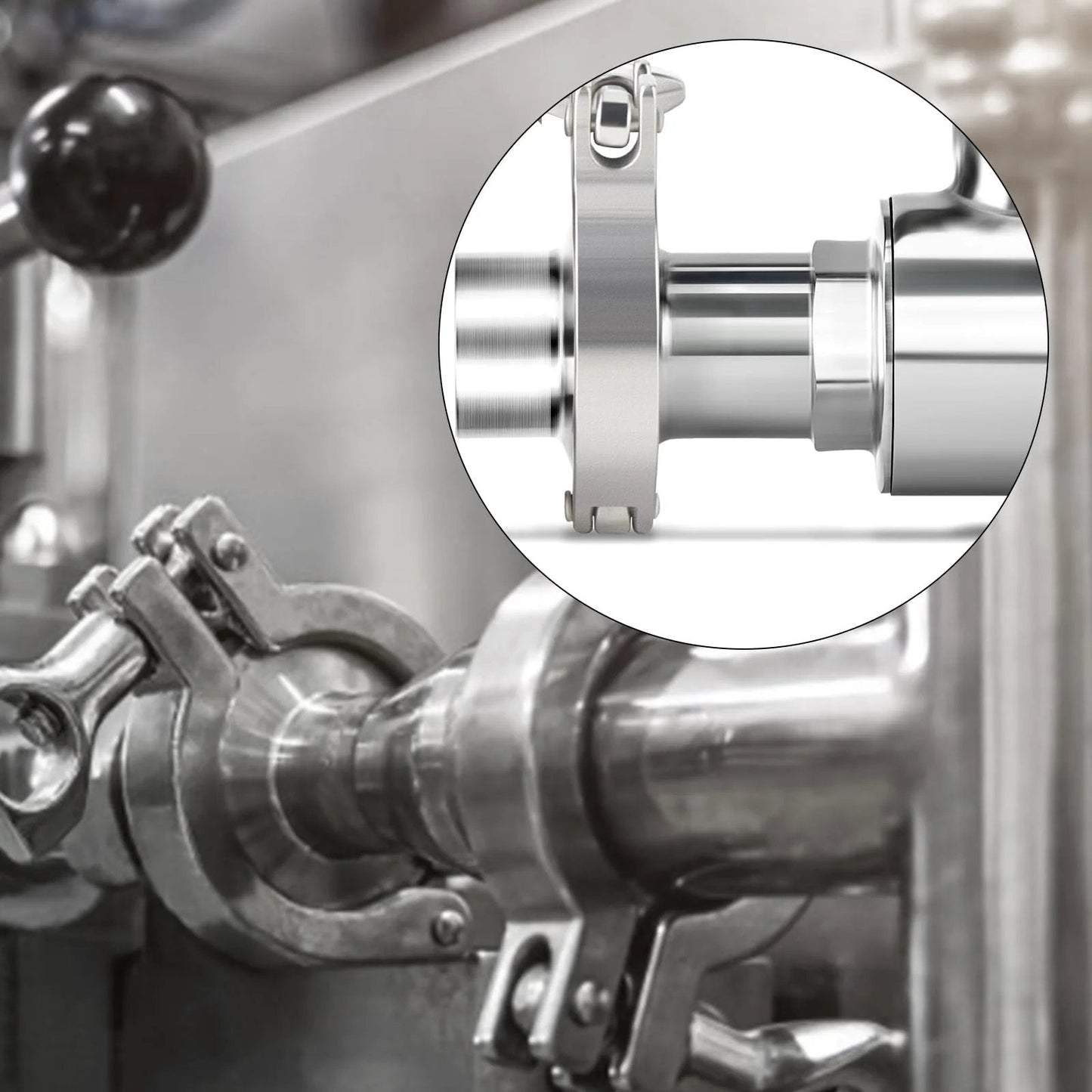 Close-up of 2.5 Inch Tube OD Sanitary Ball Valve Kit 304 Stainless Steel Tri Clamp 77.5mm Ferrule Flange for industry pipe connections.