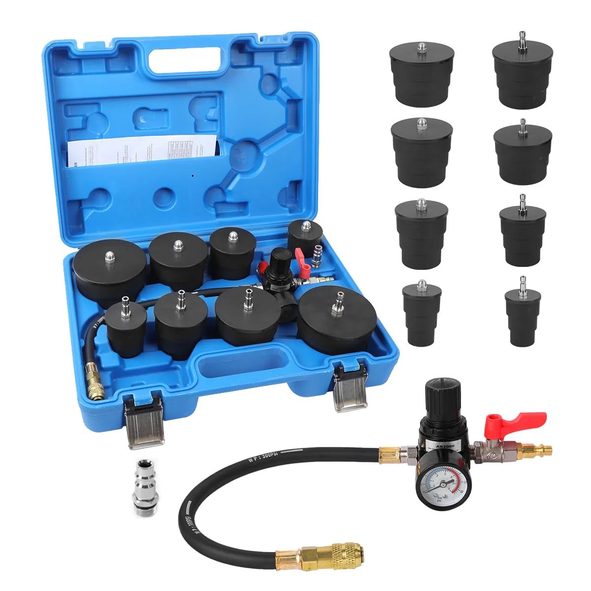 Turbo Boost Leak Tester Kit For Cars And Light Trucks, a 10 Piece Automotive Leak Tester displayed in a blue case with fittings.