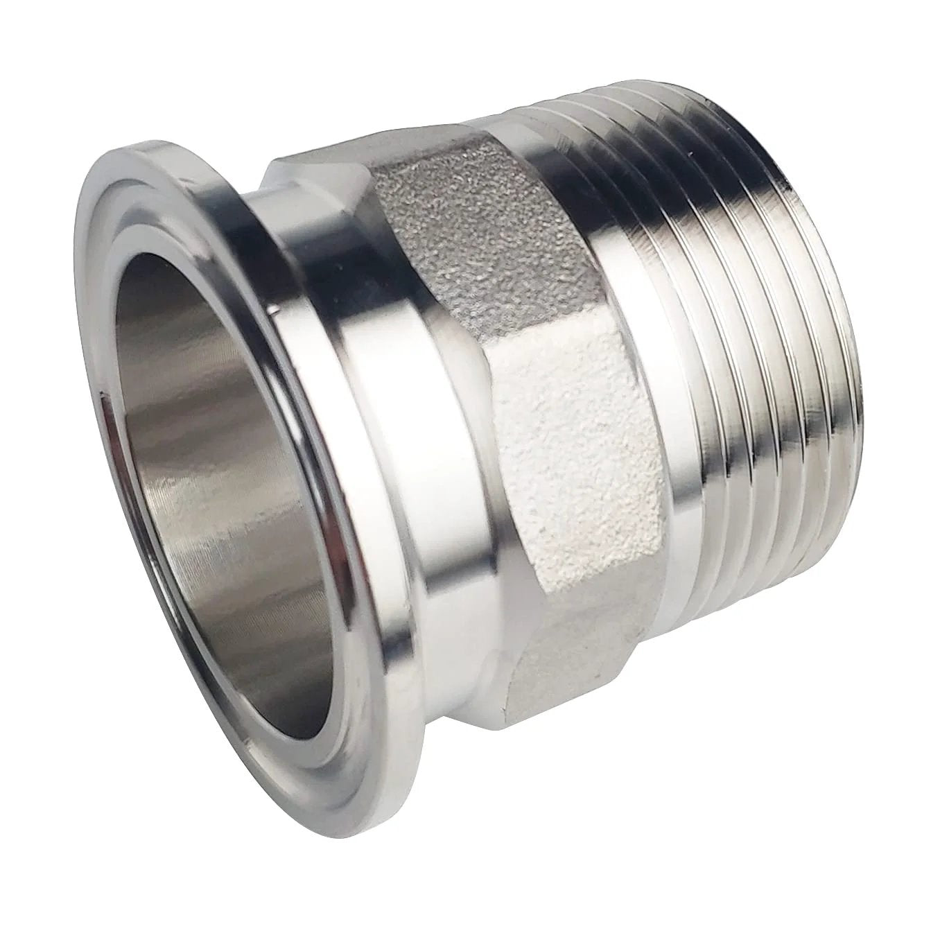 Close-up of 1.5 Inch Sanitary Tri Clamp To 1-1/4 Inch NPT Male Hex Thread Adapter in 304 Stainless Steel, side view.
