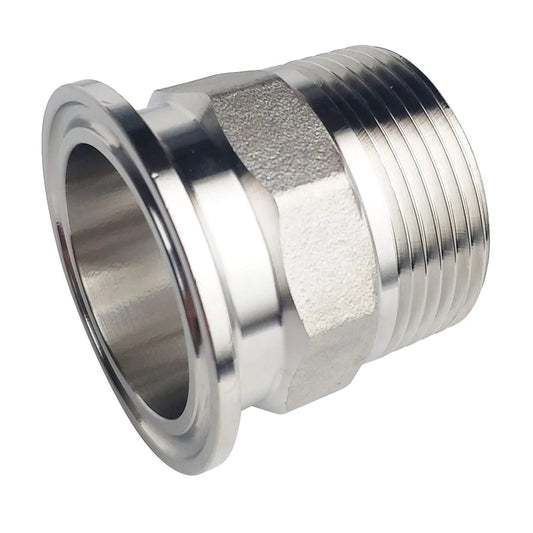 Close-up of 1.5 Inch Sanitary Tri Clamp To 1-1/4 Inch NPT Male Hex Thread Adapter in 304 Stainless Steel, side view.