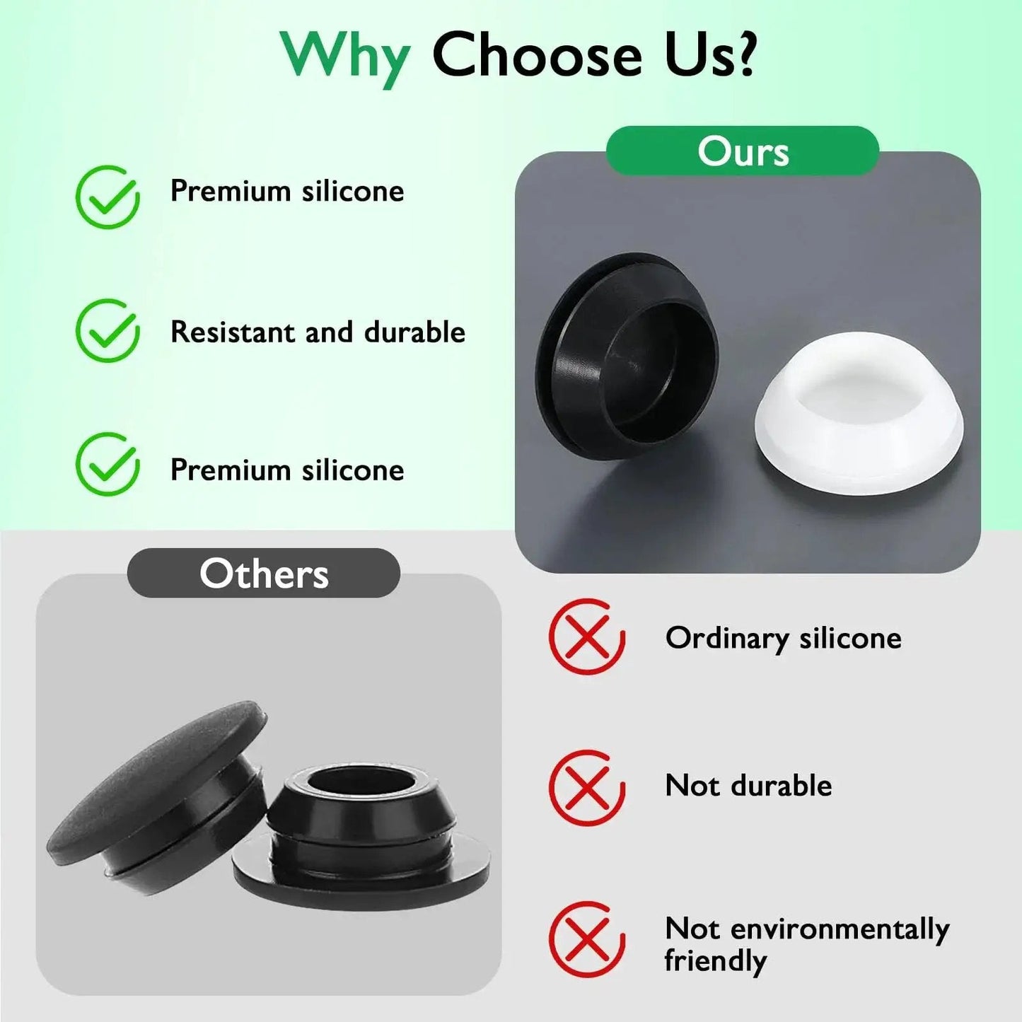 5 Pack Round Hole Plugs 1-1/2 Inch 38mm Silicone Snap In Locking Waterproof Stopper comparison of premium and ordinary silicone