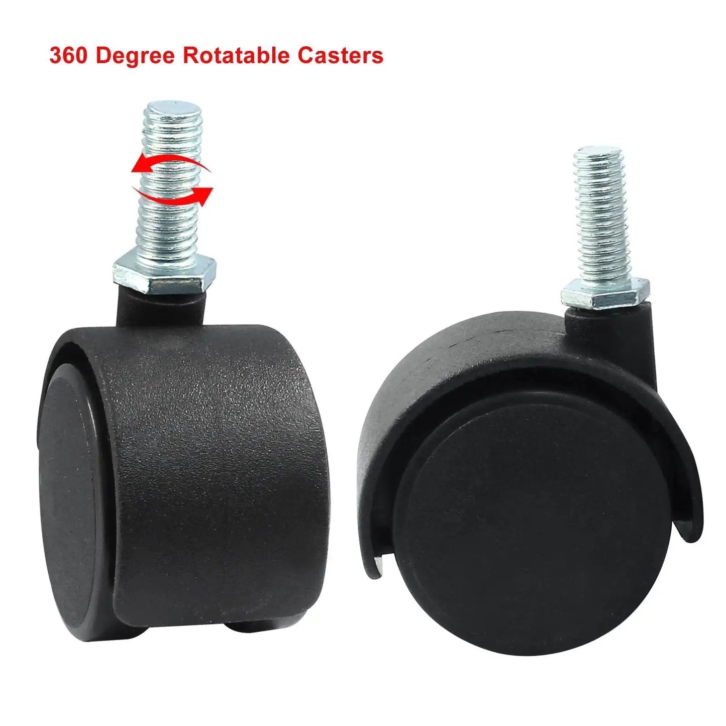 4 Pack 1.5 Inch Black Plastic Swivel Caster Wheels With M8 Threaded Stem Replacement For Chairs And Furniture Without Locking Brakes M8 20mm Threaded showing side and front view