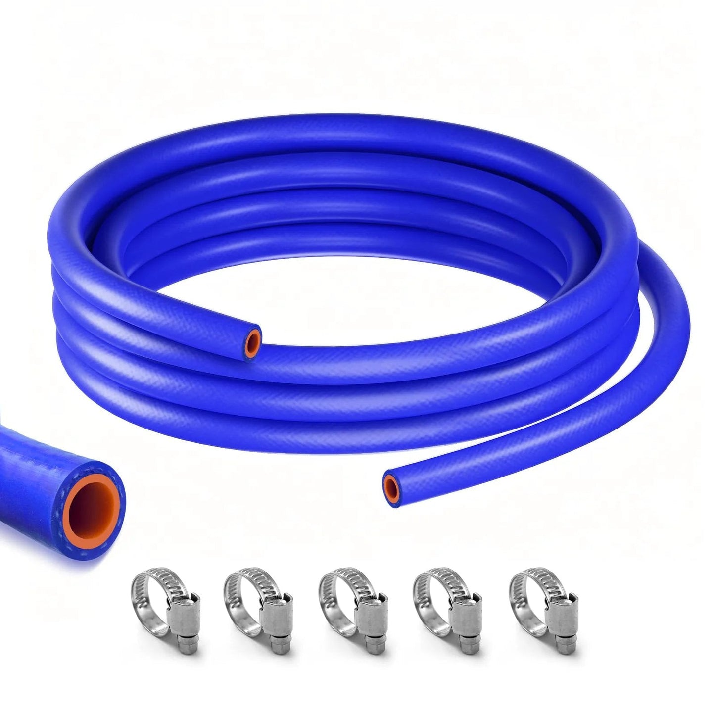 Beefed Up Half Inch ID Five Foot Silicone Heater Hose Blue and Red Reinforced High Temp Coolant Radiator Vacuum Line With 0.16 Inch Wall Polyester Fiber Reinforced 60 PSI Working Pressure 232 PSI Burst Flexible and Durable coiled with clamps