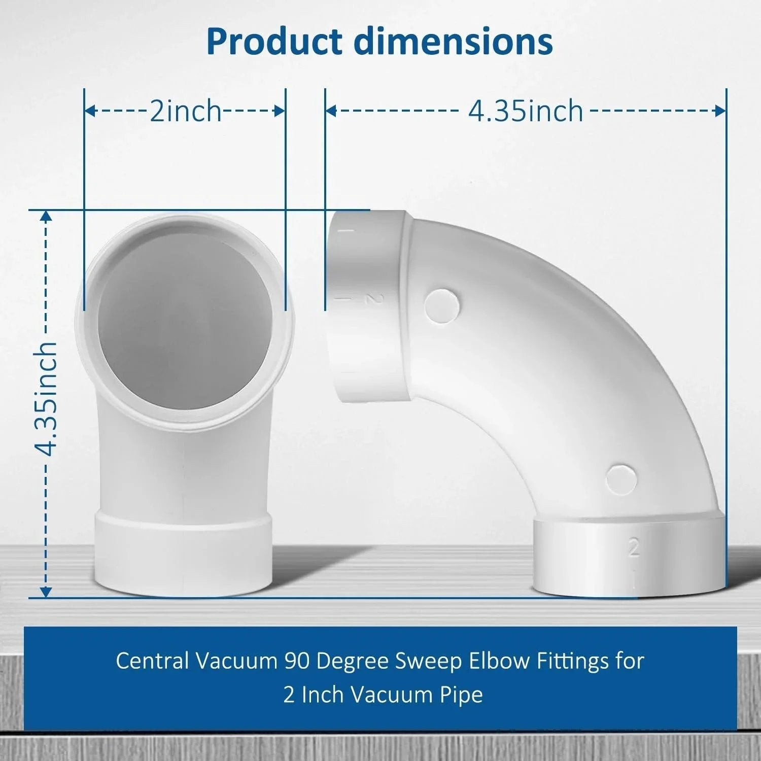 3 Pack Replacement Central Vacuum 90 Degree Elbow Fittings For 2 Inch Vacuum Pipe To Prevent Clogs And No Fuss Install LEFITPA Compatible, shown with dimensions