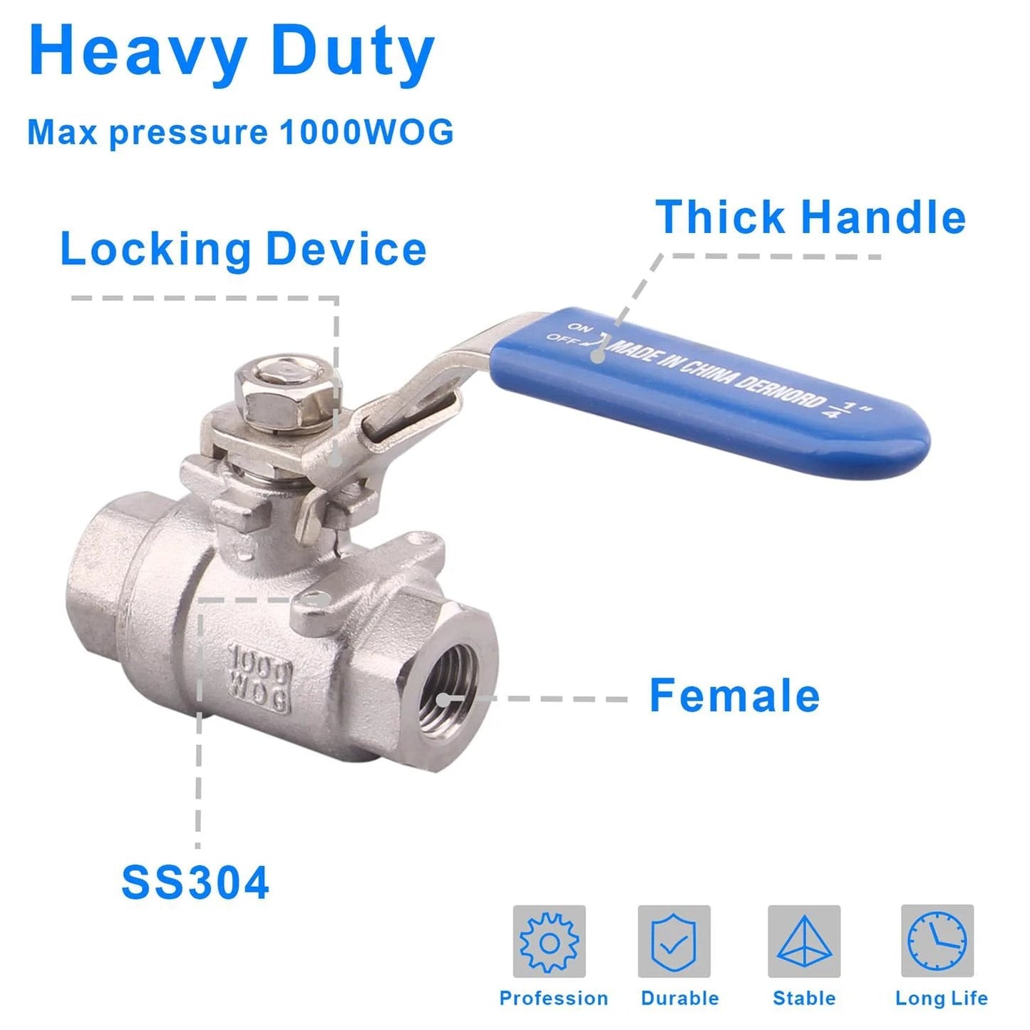 Heavy Duty Full Port Stainless Steel Ball Valve Set With Locking Device Two Pack 304 Grade For Water Oil Gas WOG One Quarter Inch NPT