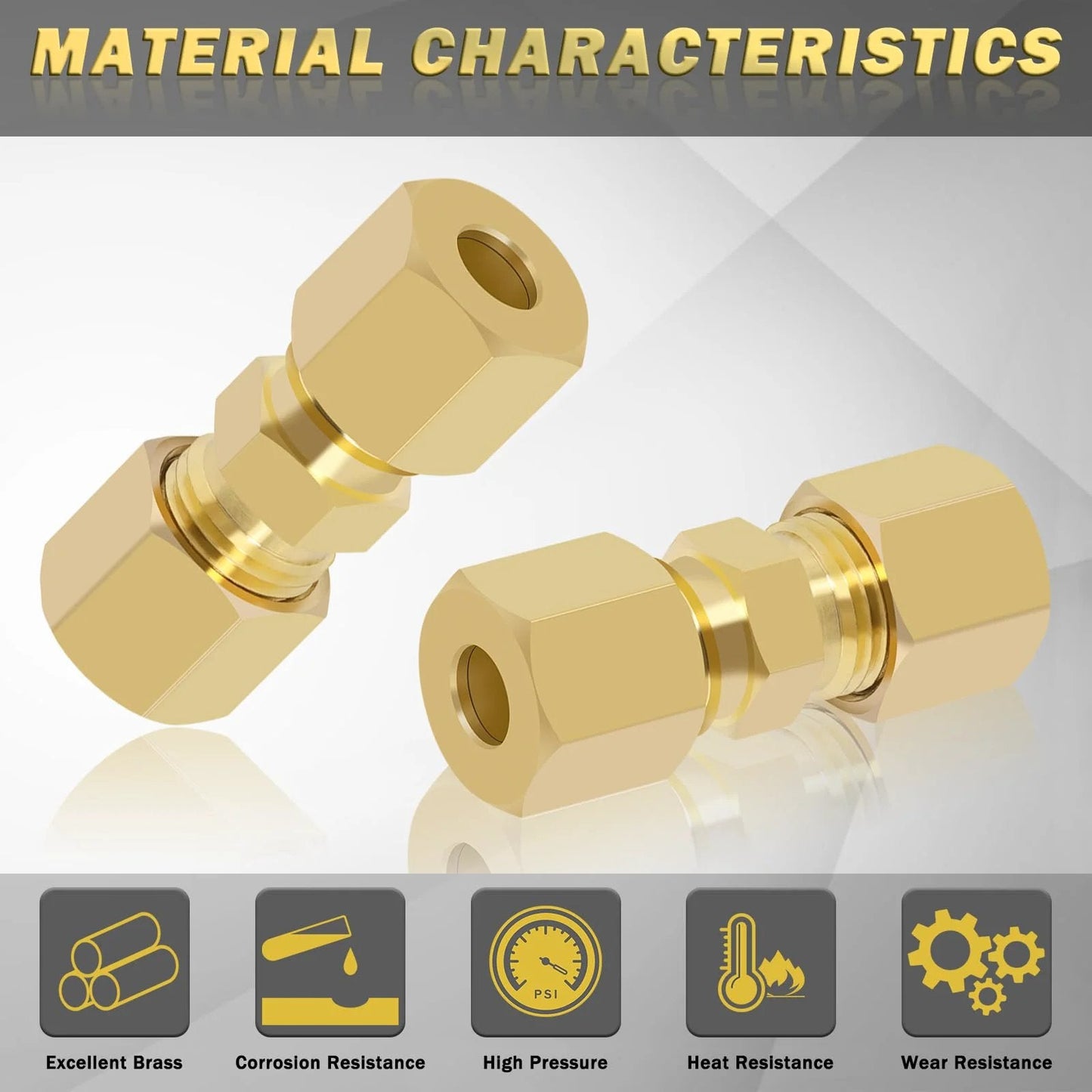 Brass Compression Tube Fittings Set Pro Grade Ten Pack With 3 16th Inch Outer Diameter Union Connectors And 10 Brass Sleeves Ferrules For Easy Leak Free Plumbing Air And Hydraulic Installations showing material characteristics