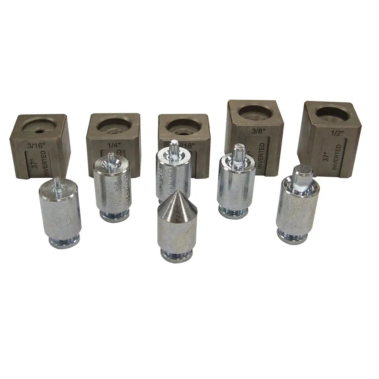 37 Degree Flare And Double Flare Adapter Kit For Hydraulic Tools 3/16 To 1/2 with metal dies and adapters in various sizes.