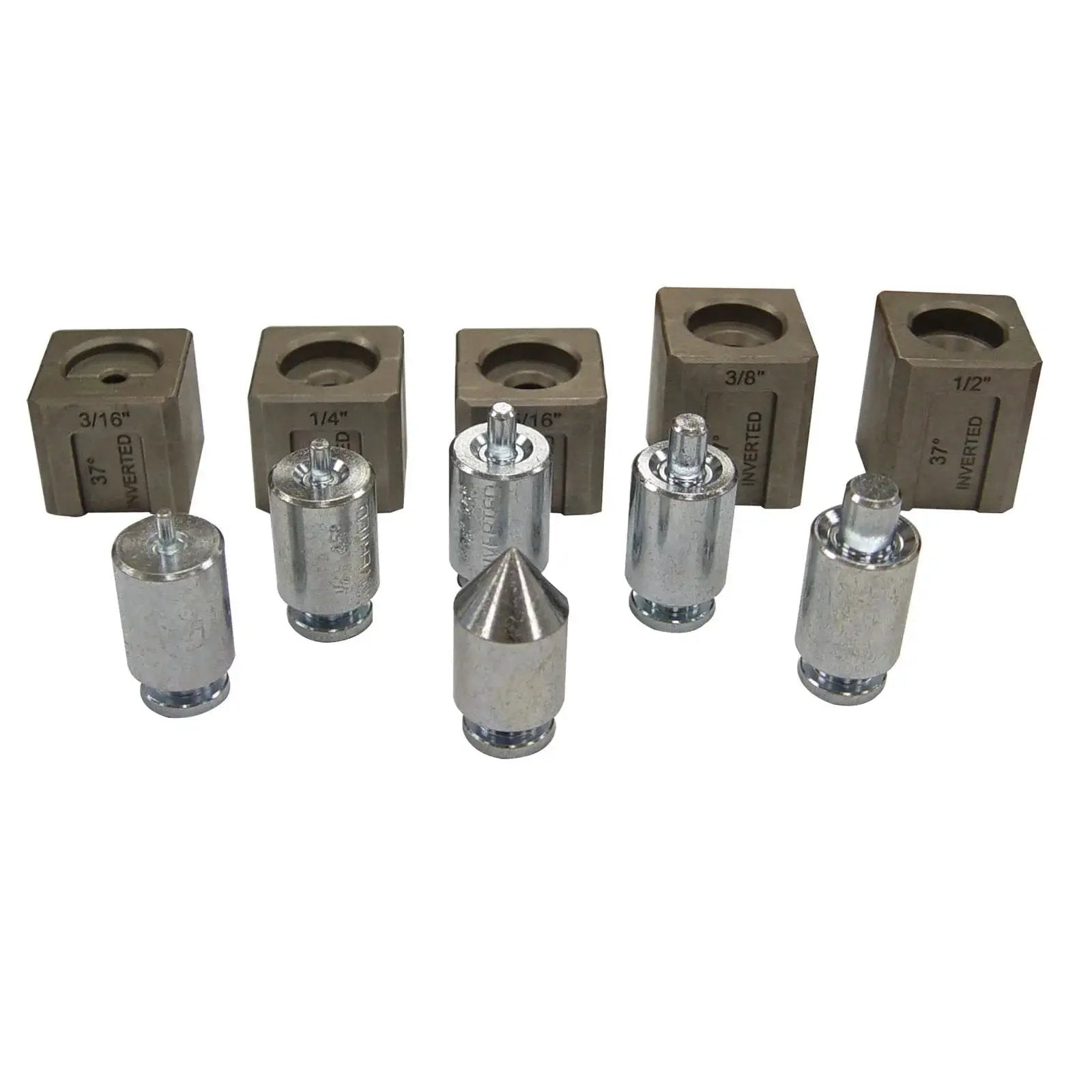 37 Degree Flare And Double Flare Adapter Kit For Hydraulic Tools 3/16 To 1/2 with metal dies and adapters in various sizes.