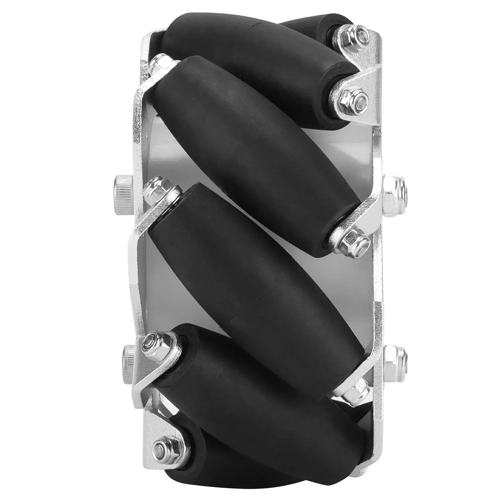 Close-up of 4 Pack 100mm Steel Mecanum Wheels For RC Robot Cars, Omni Directional Drive System with 9 Rubber Rollers visible.