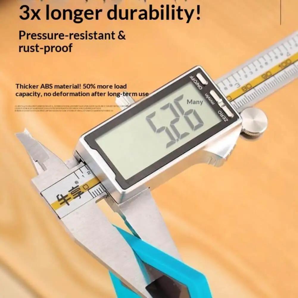 Digital caliper measuring thickness with pressure-resistant ABS material for durability and rust-resistance.